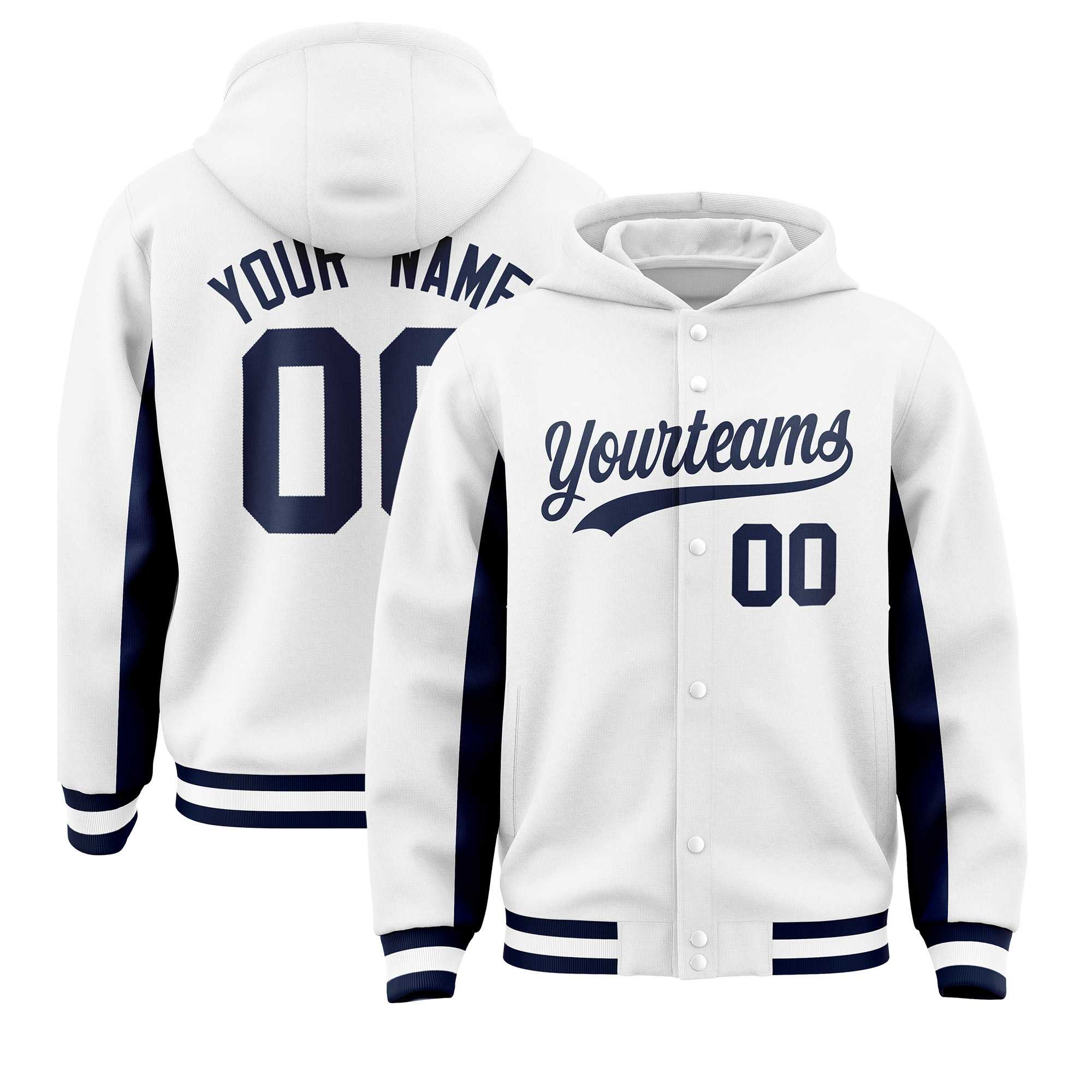 Custom White Navy Color Block Varsity Full-Snap Letterman Jacket Hoodie| KXKSHOP