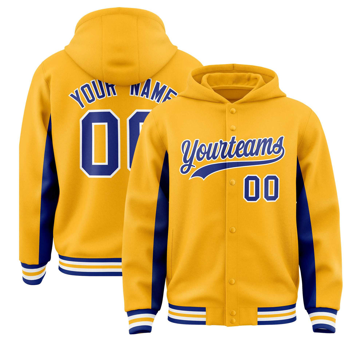 Custom Gold Royal Color Block Varsity Full-Snap Letterman Jacket Hoodie| KXKSHOP