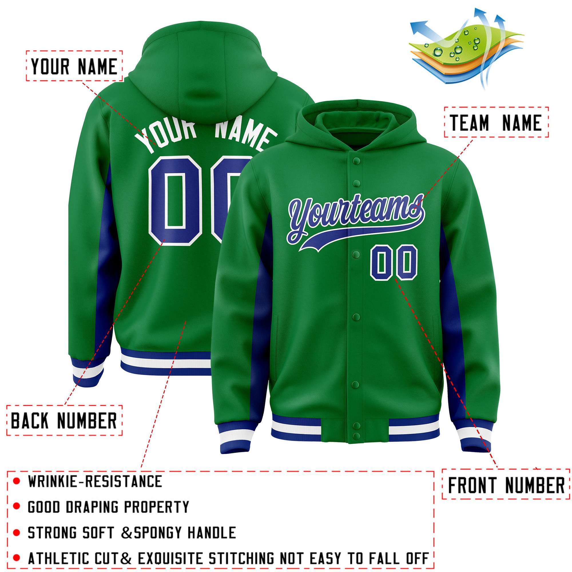 Custom Kelly Green Royal Color Block Varsity Full-Snap Letterman Jacket Hoodie| KXKSHOP
