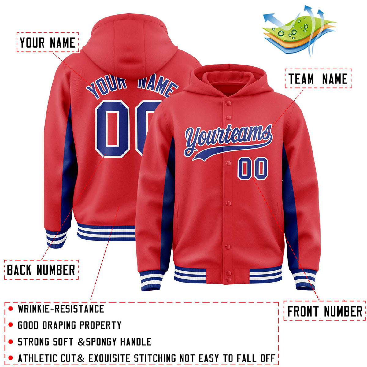 Custom Light Red Royal Color Block Varsity Full-Snap Letterman Jacket Hoodie| KXKSHOP