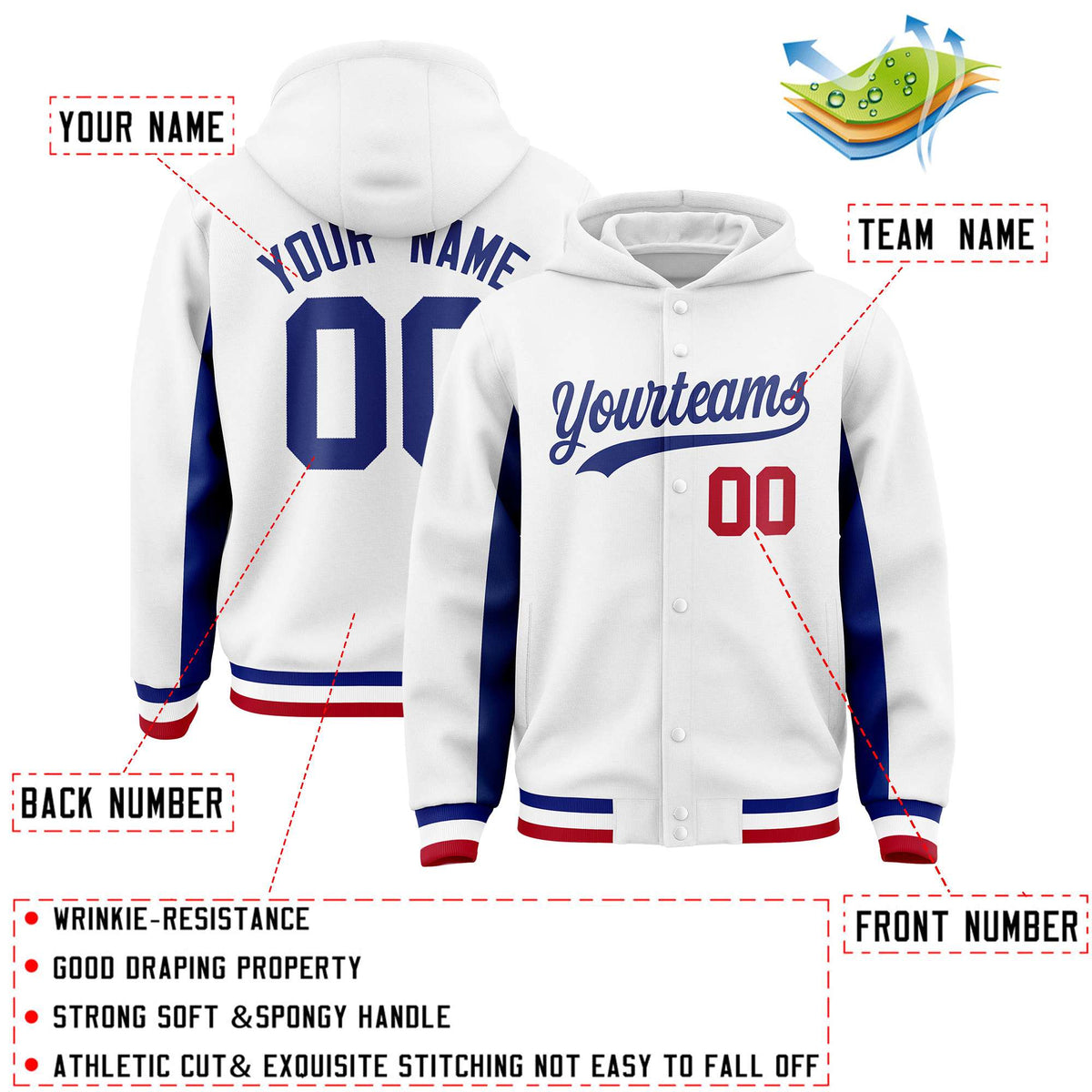 Custom White Royal Color Block Varsity Full-Snap Letterman Jacket Hoodie| KXKSHOP
