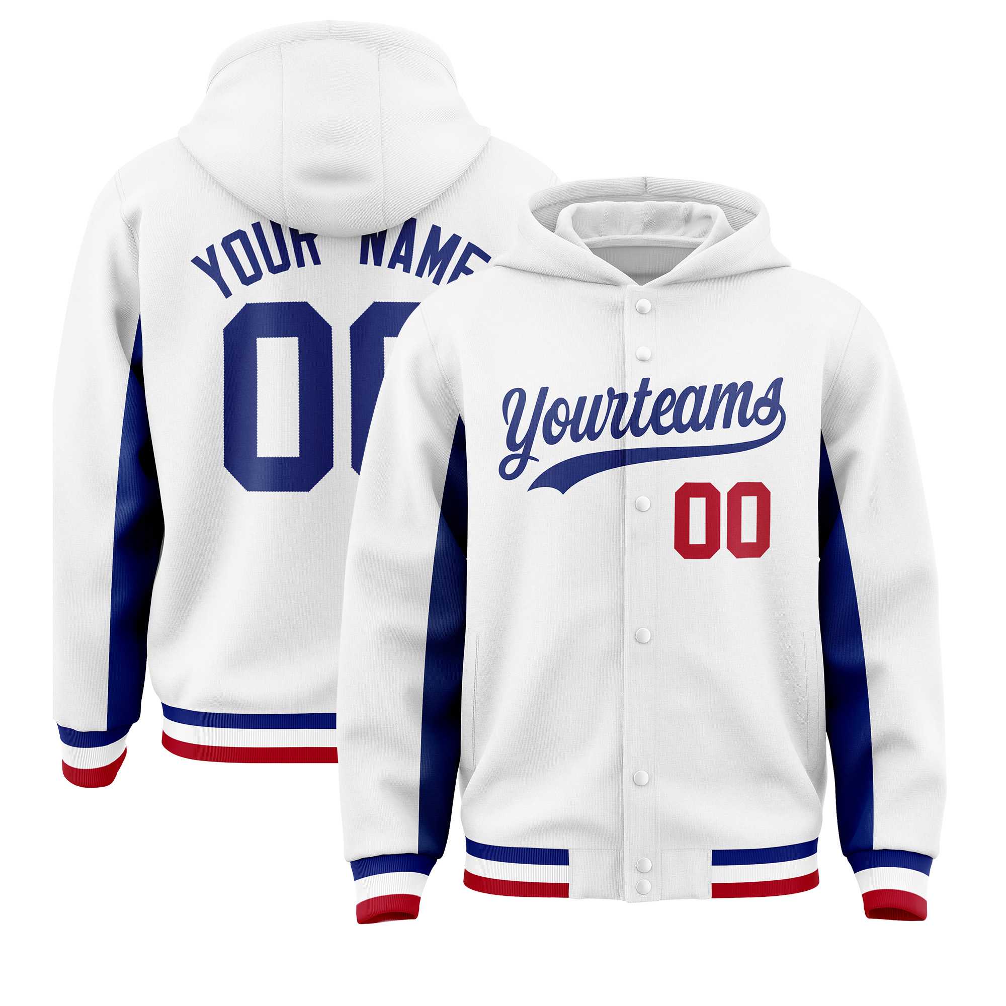 Custom White Royal Color Block Varsity Full-Snap Letterman Jacket Hoodie| KXKSHOP