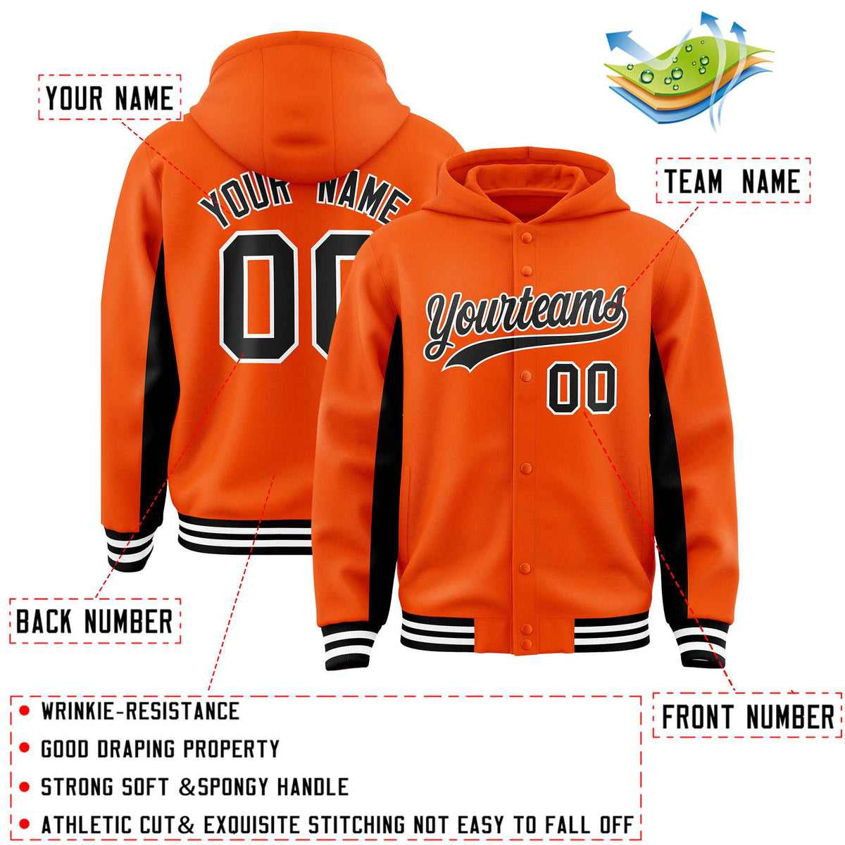 Custom Orange Black Color Block Varsity Full-Snap Letterman Jacket Hoodie| KXKSHOP