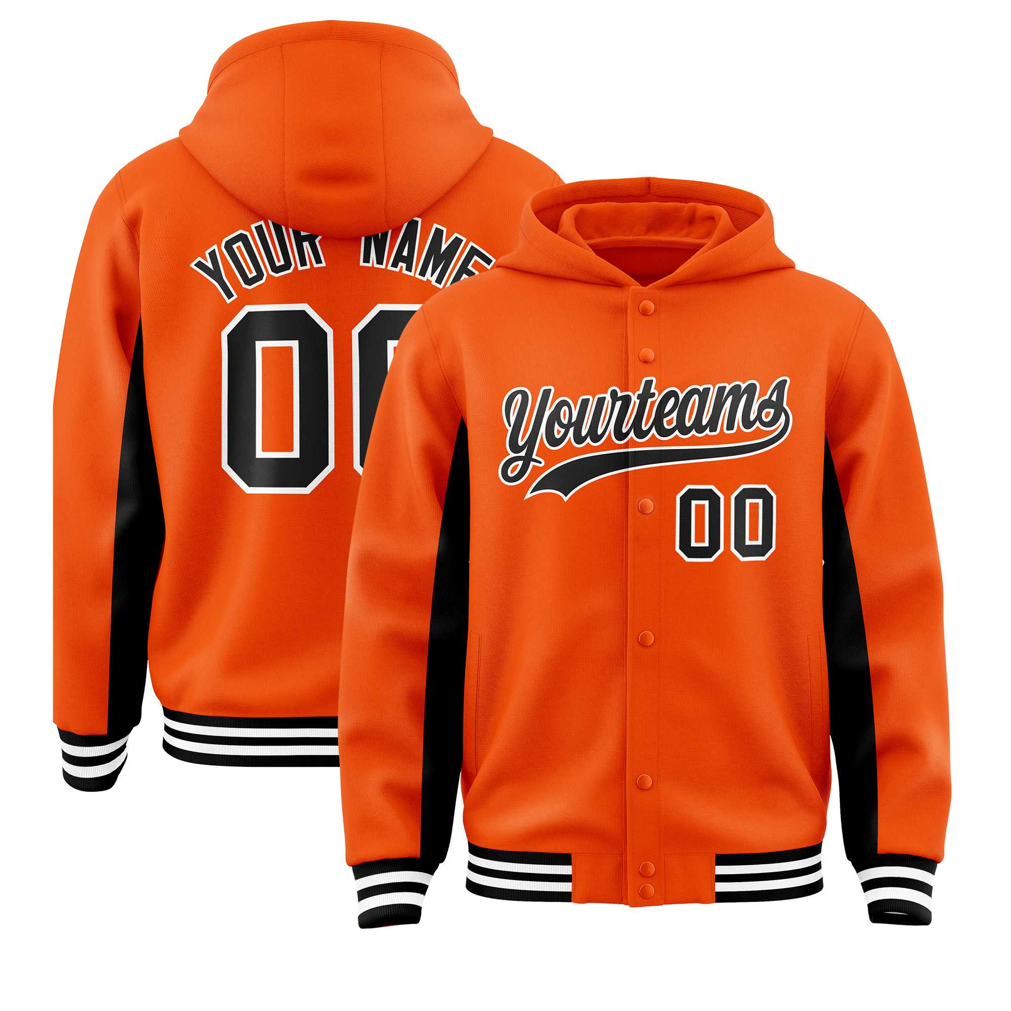Custom Orange Black Color Block Varsity Full-Snap Letterman Jacket Hoodie| KXKSHOP