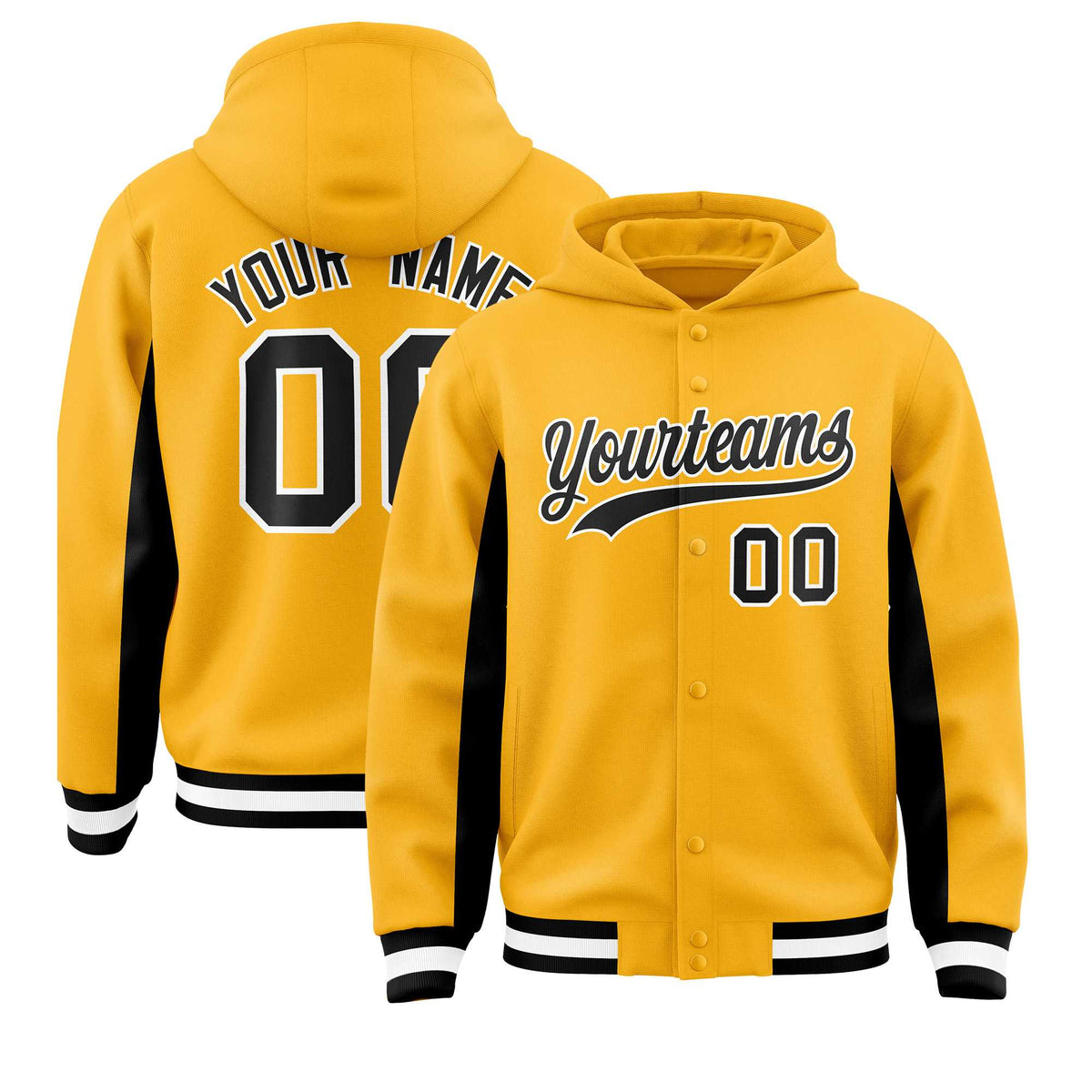Custom Gold Black Color Block Varsity Full-Snap Letterman Jacket Hoodie| KXKSHOP