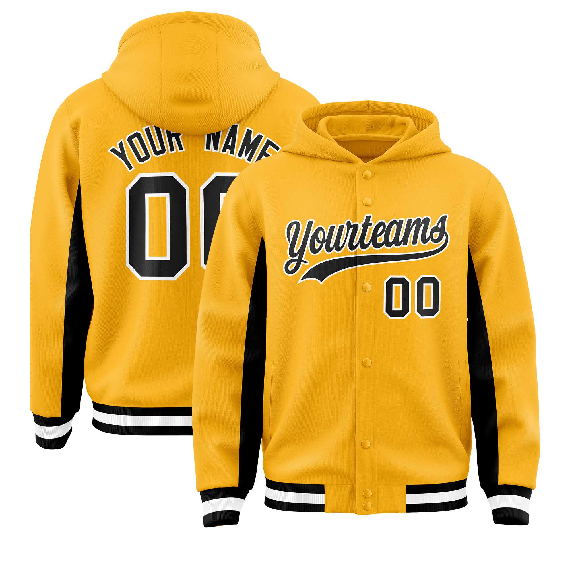 Custom Gold Black Color Block Varsity Full-Snap Letterman Jacket Hoodie| KXKSHOP
