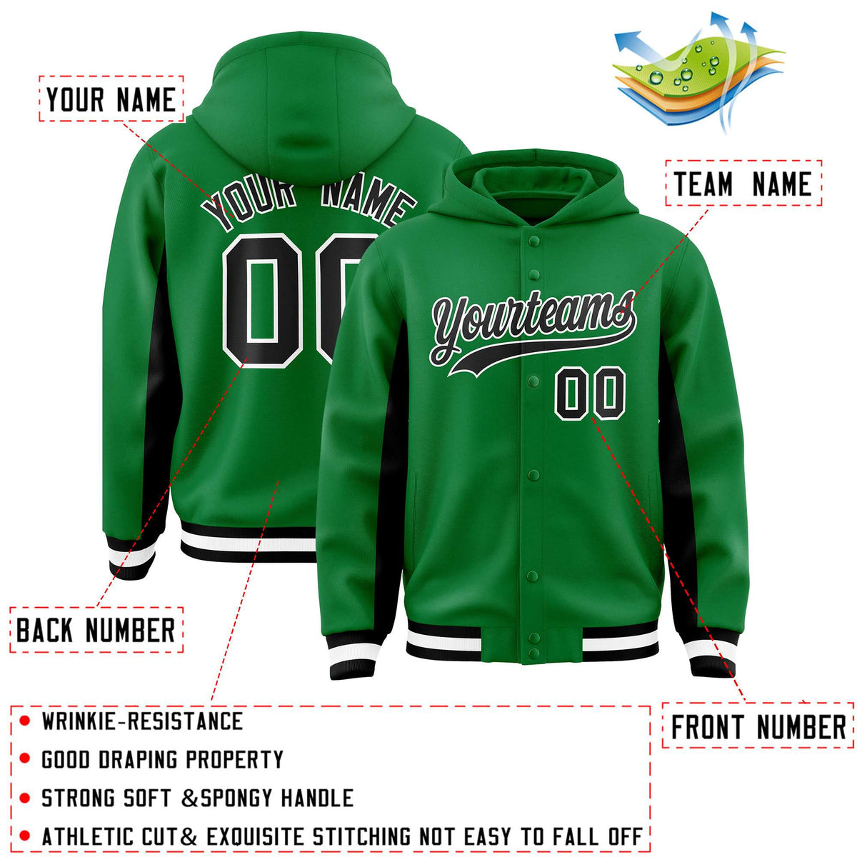 Custom Kelly Green Black Color Block Varsity Full-Snap Letterman Jacket Hoodie| KXKSHOP