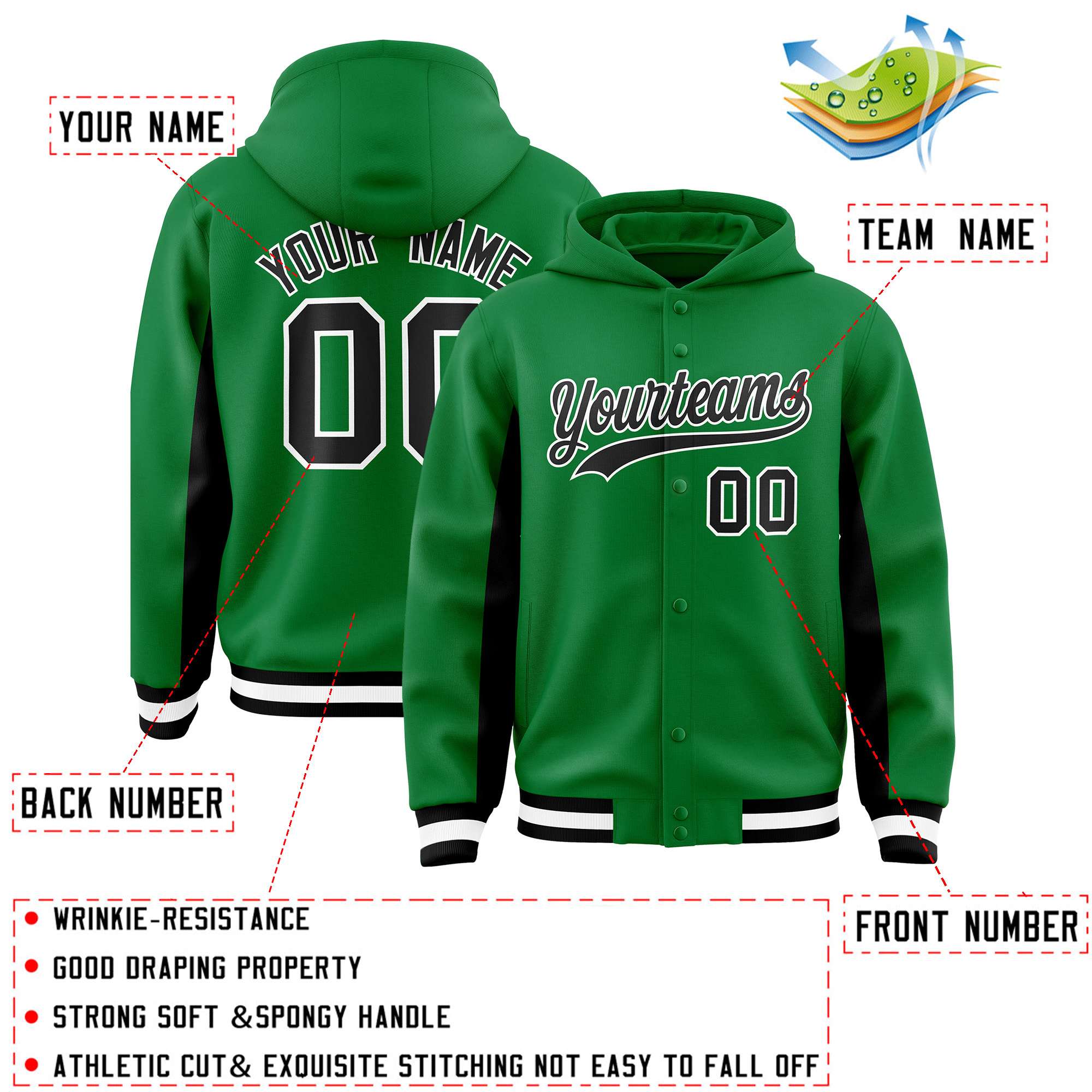 Custom Kelly Green Black Color Block Varsity Full-Snap Letterman Jacket Hoodie| KXKSHOP