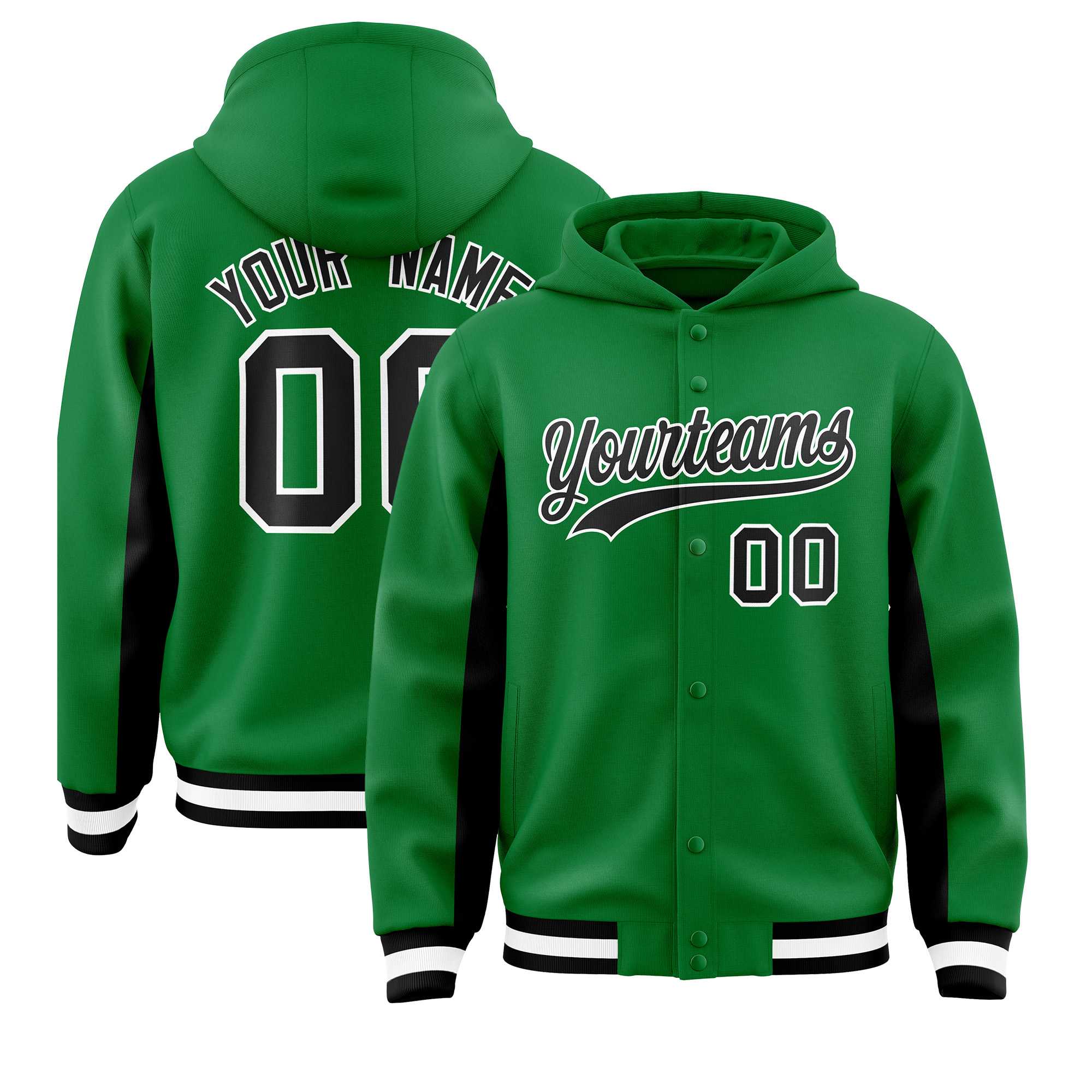 Custom Kelly Green Black Color Block Varsity Full-Snap Letterman Jacket Hoodie| KXKSHOP