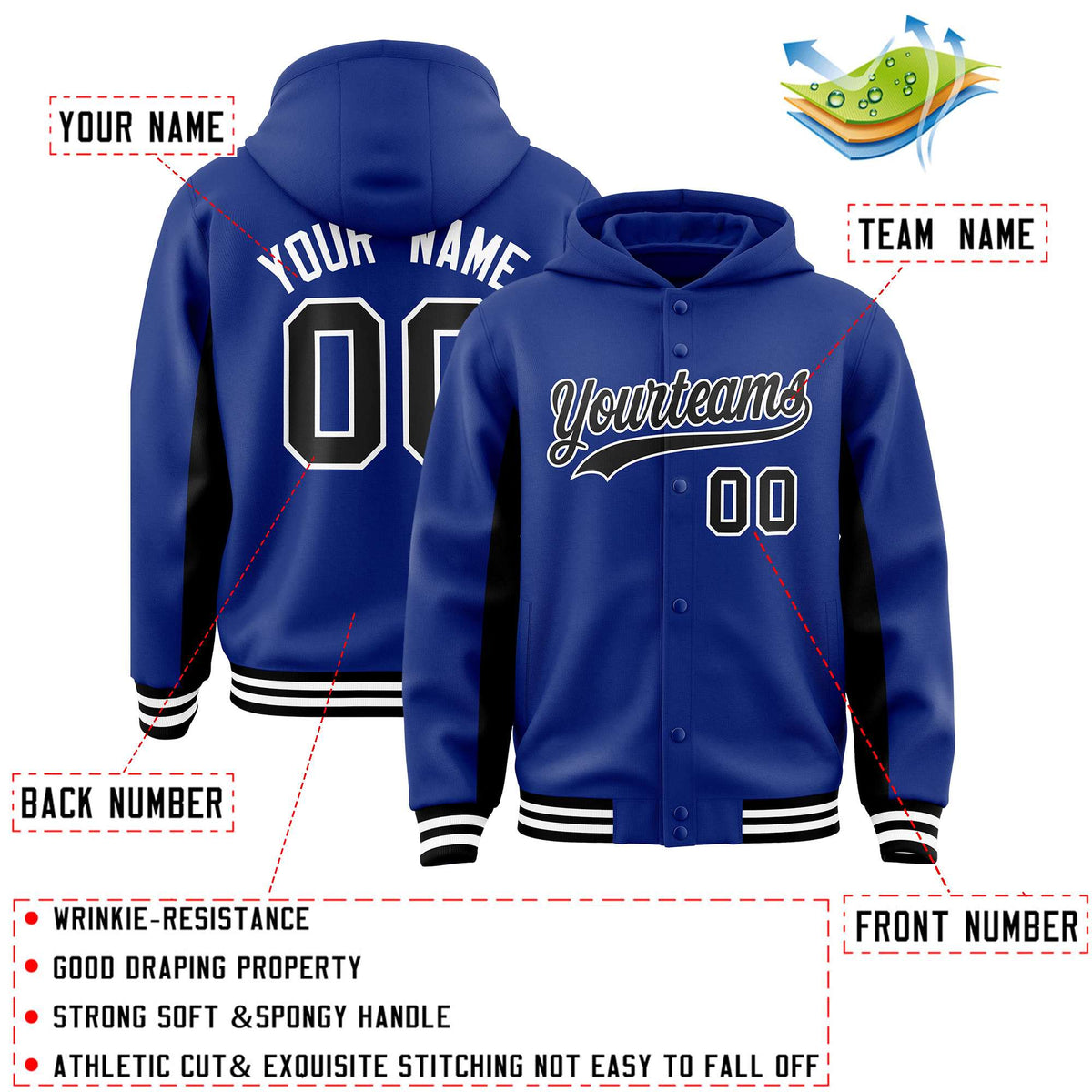 Custom Royal Black Color Block Varsity Full-Snap Letterman Jacket Hoodie| KXKSHOP