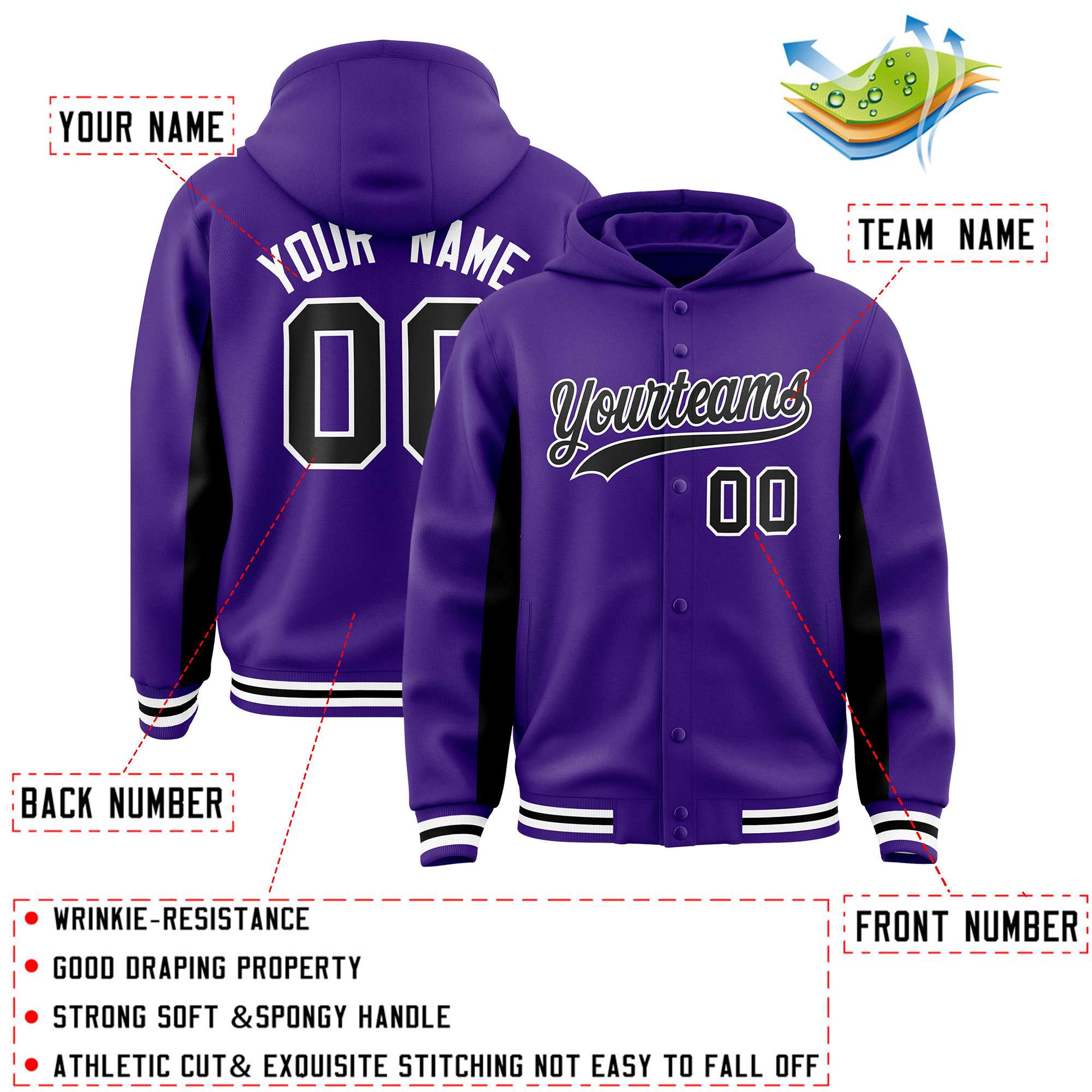 Custom Purple Black Color Block Varsity Full-Snap Letterman Jacket Hoodie| KXKSHOP