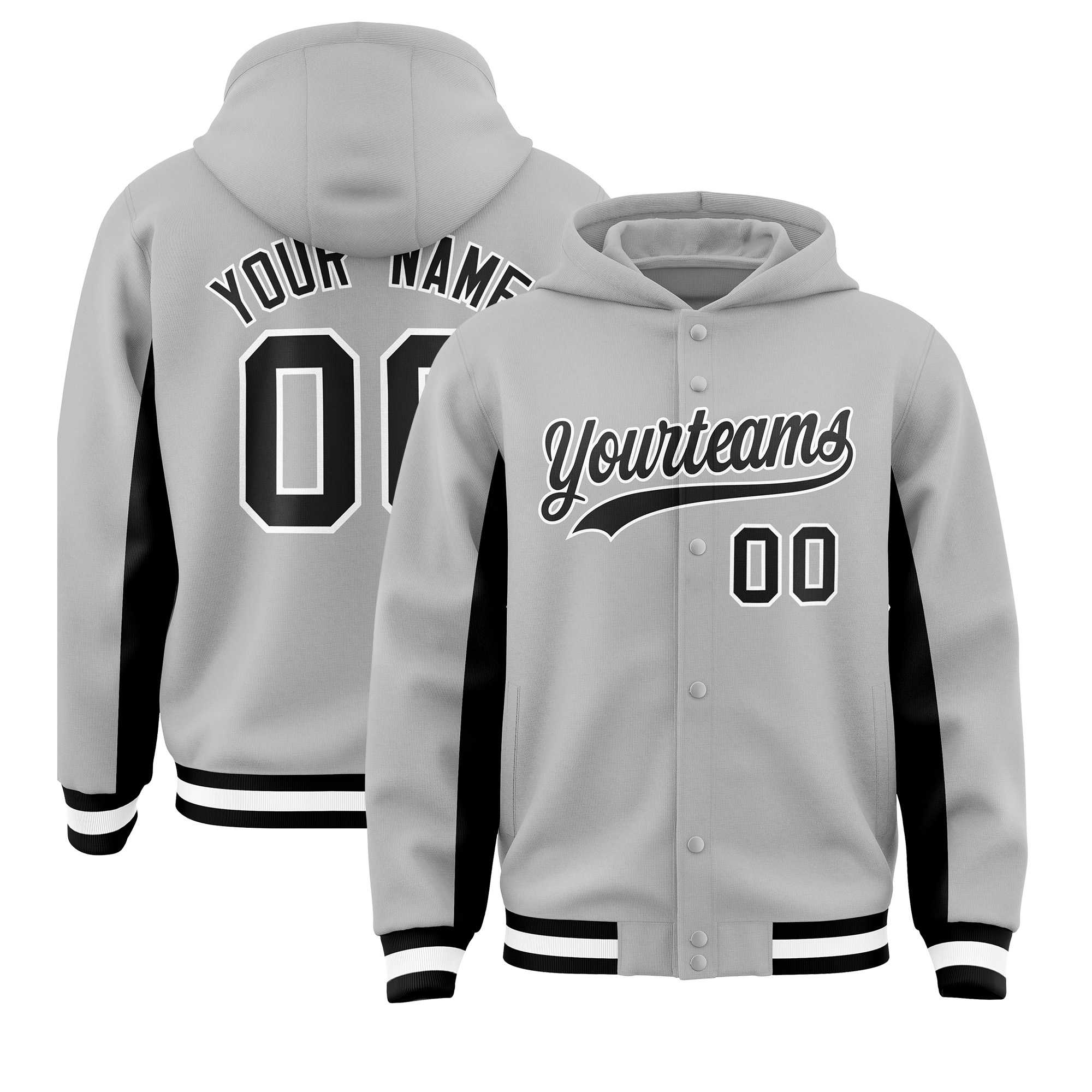 Custom Gray Black Color Block Varsity Full-Snap Letterman Jacket Hoodie| KXKSHOP