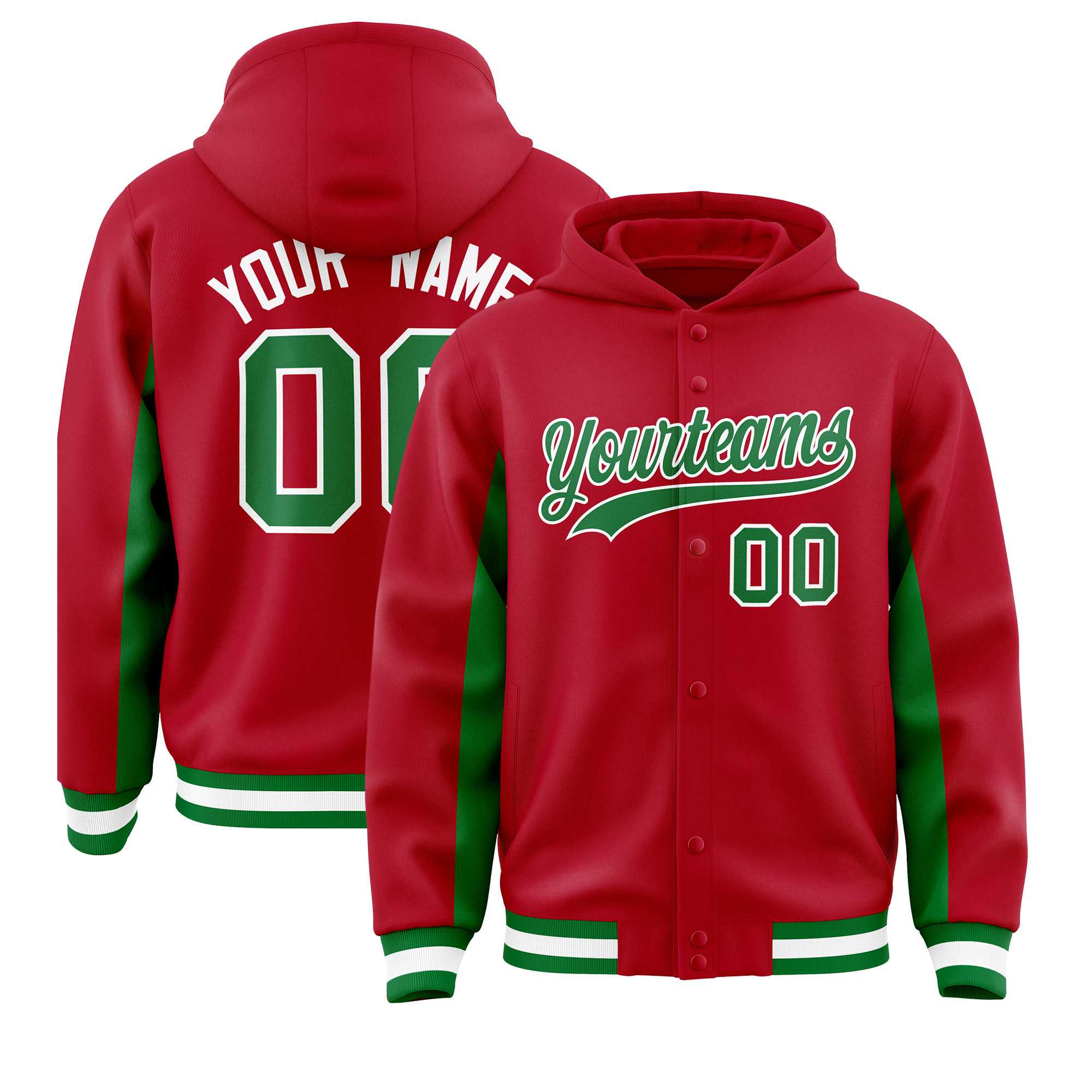 Custom Red Kelly Green Color Block Varsity Full-Snap Letterman Jacket Hoodie| KXKSHOP