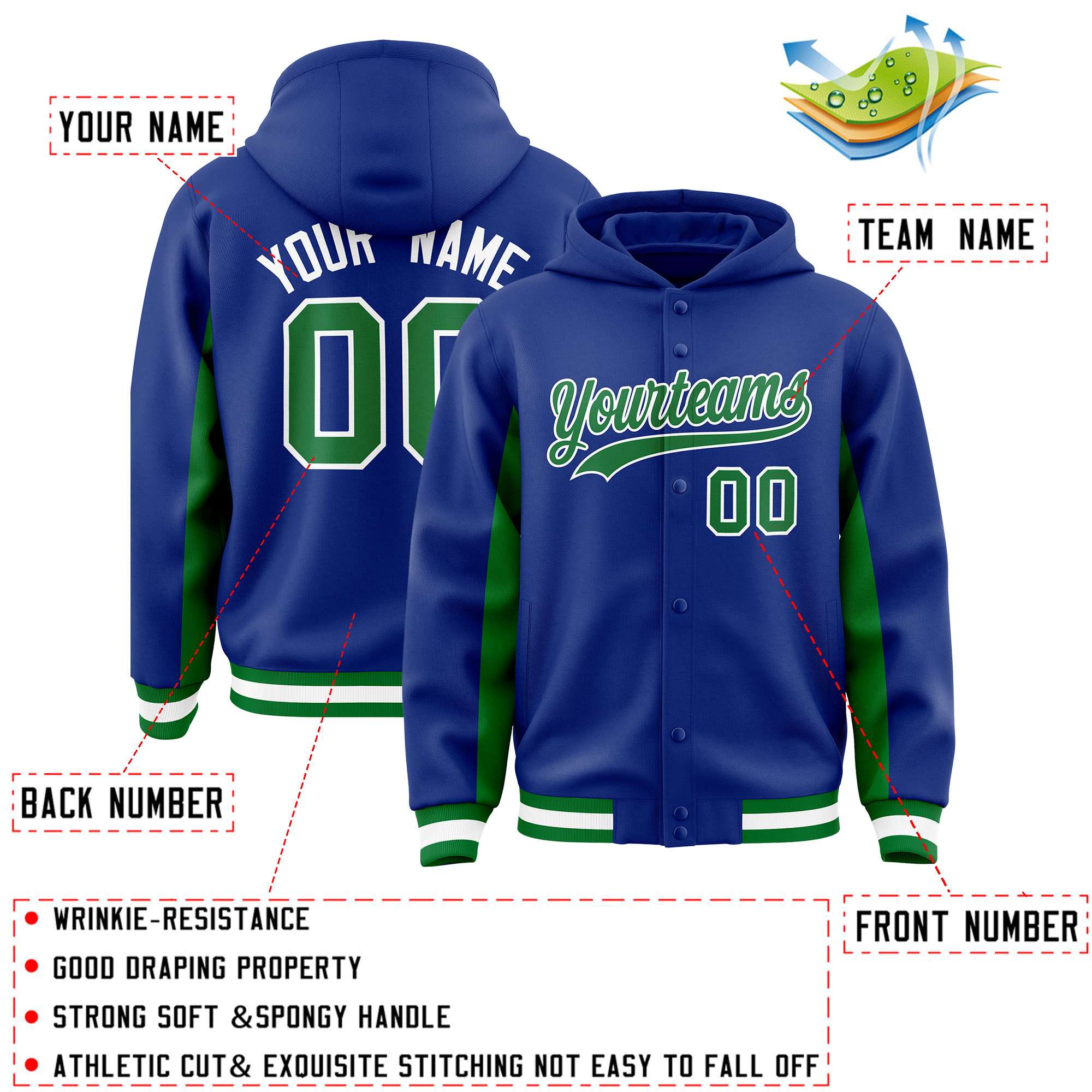 Custom Royal Kelly Green Color Block Varsity Full-Snap Letterman Jacket Hoodie| KXKSHOP