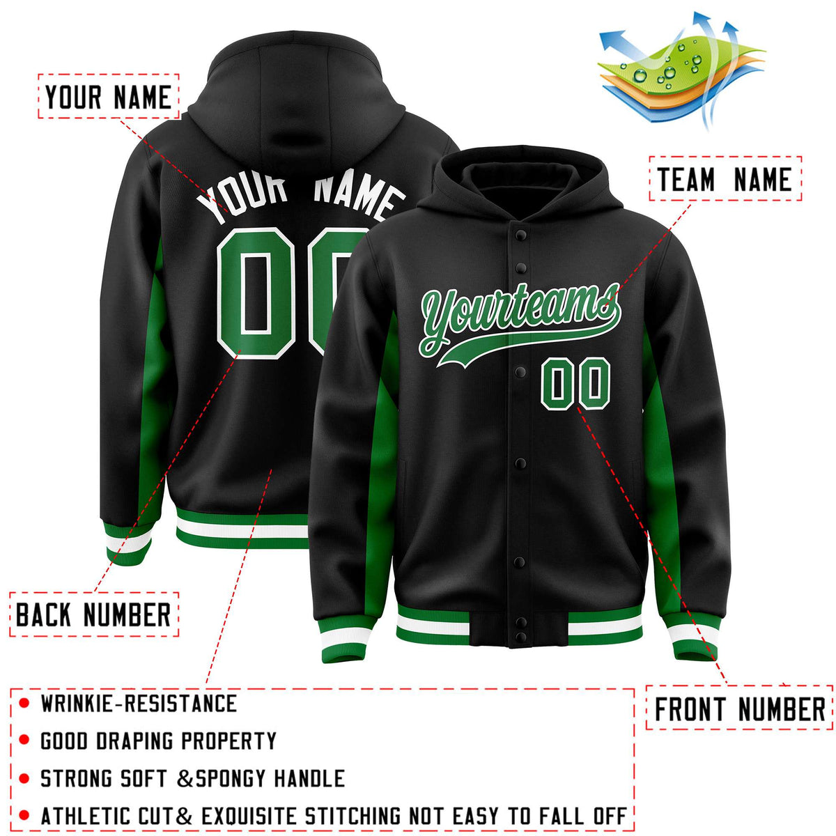 Custom Black Kelly Green Color Block Varsity Full-Snap Letterman Jacket Hoodie| KXKSHOP