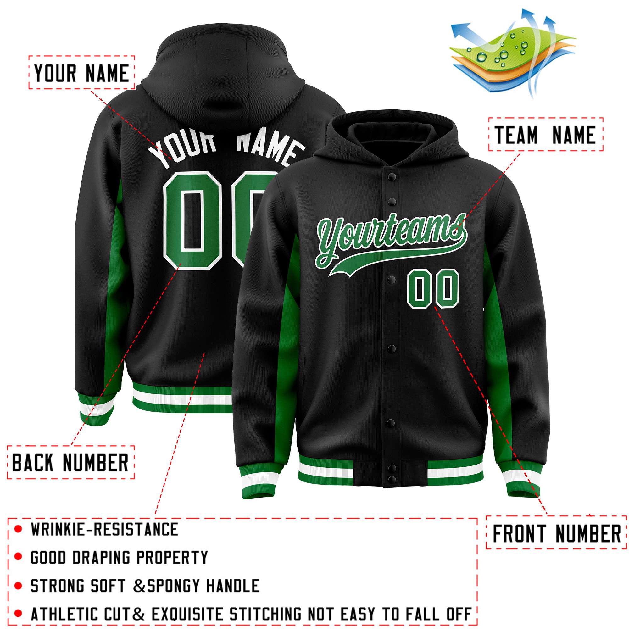 Custom Black Kelly Green Color Block Varsity Full-Snap Letterman Jacket Hoodie| KXKSHOP