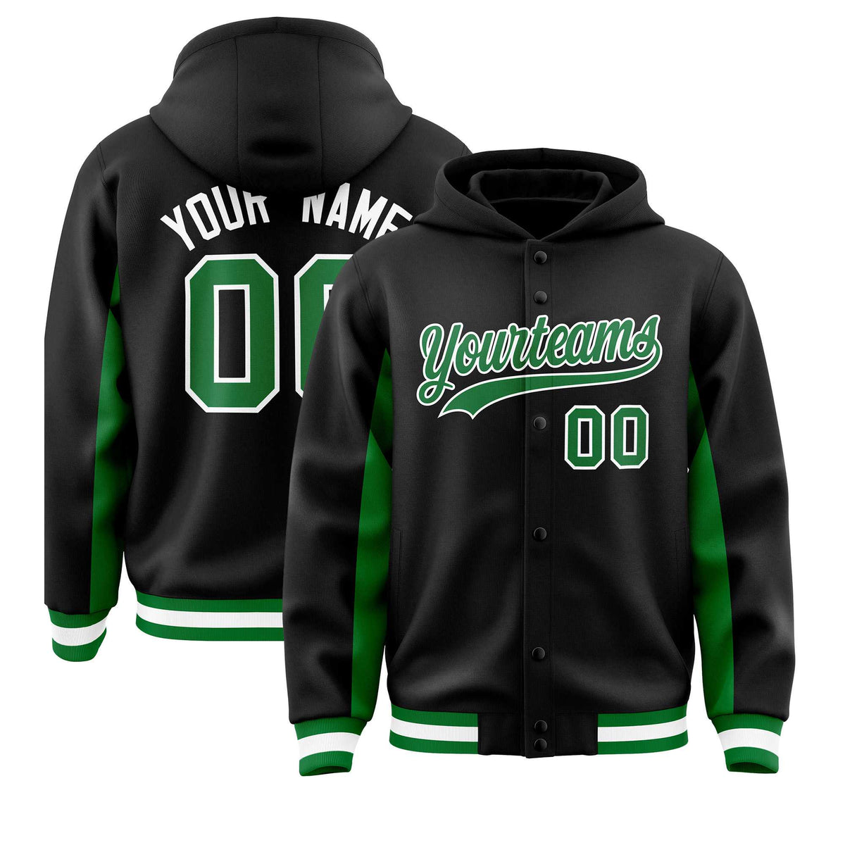 Custom Black Kelly Green Color Block Varsity Full-Snap Letterman Jacket Hoodie| KXKSHOP