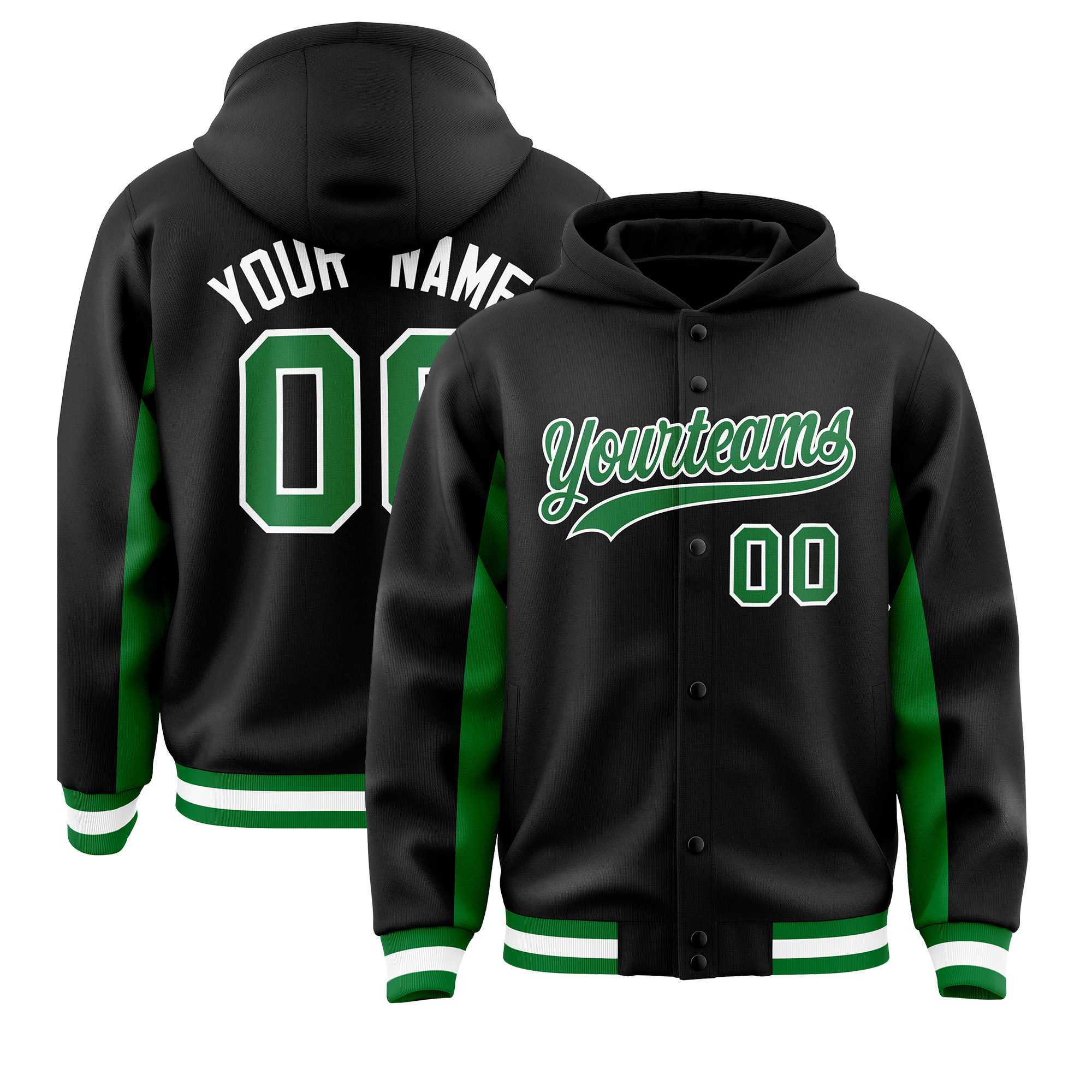 Custom Black Kelly Green Color Block Varsity Full-Snap Letterman Jacket Hoodie| KXKSHOP