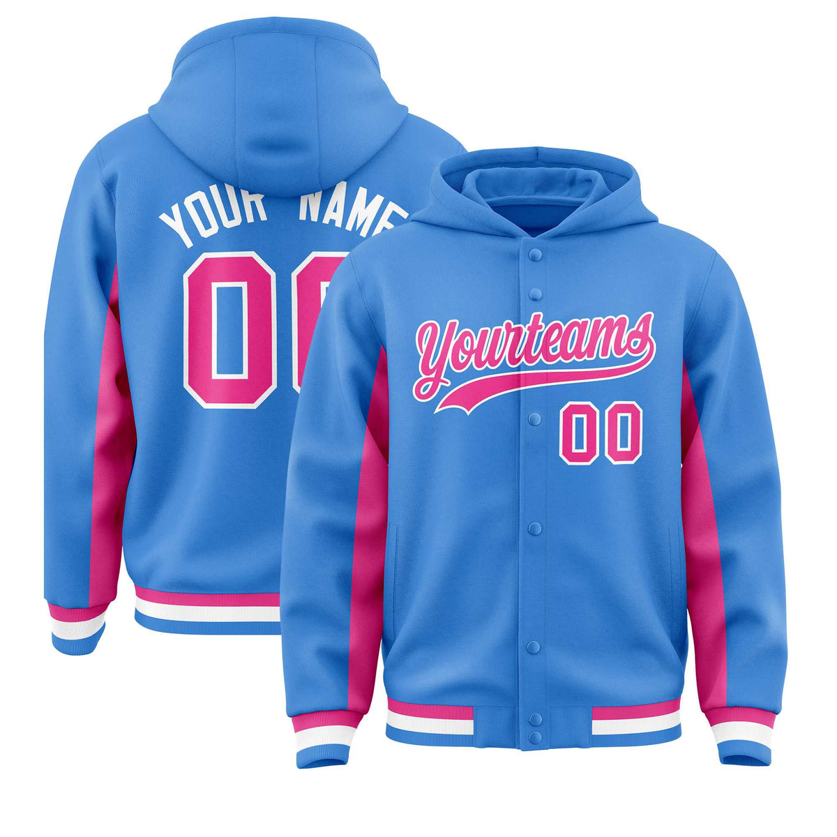 Custom Powder Blue Pink Color Block Varsity Full-Snap Letterman Jacket Hoodie| KXKSHOP
