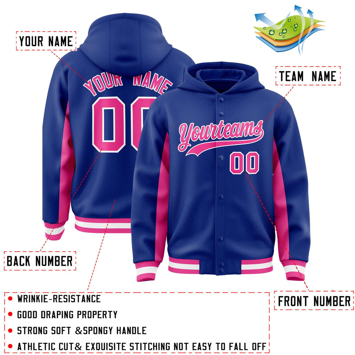 Custom Royal Pink Color Block Varsity Full-Snap Letterman Jacket Hoodie| KXKSHOP
