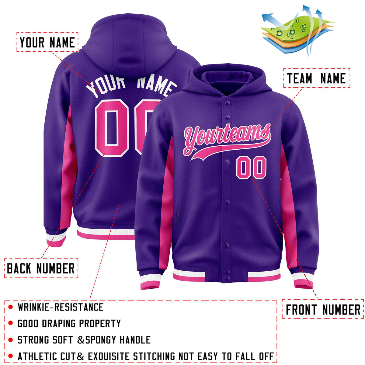 Custom Purple Pink Color Block Varsity Full-Snap Letterman Jacket Hoodie| KXKSHOP