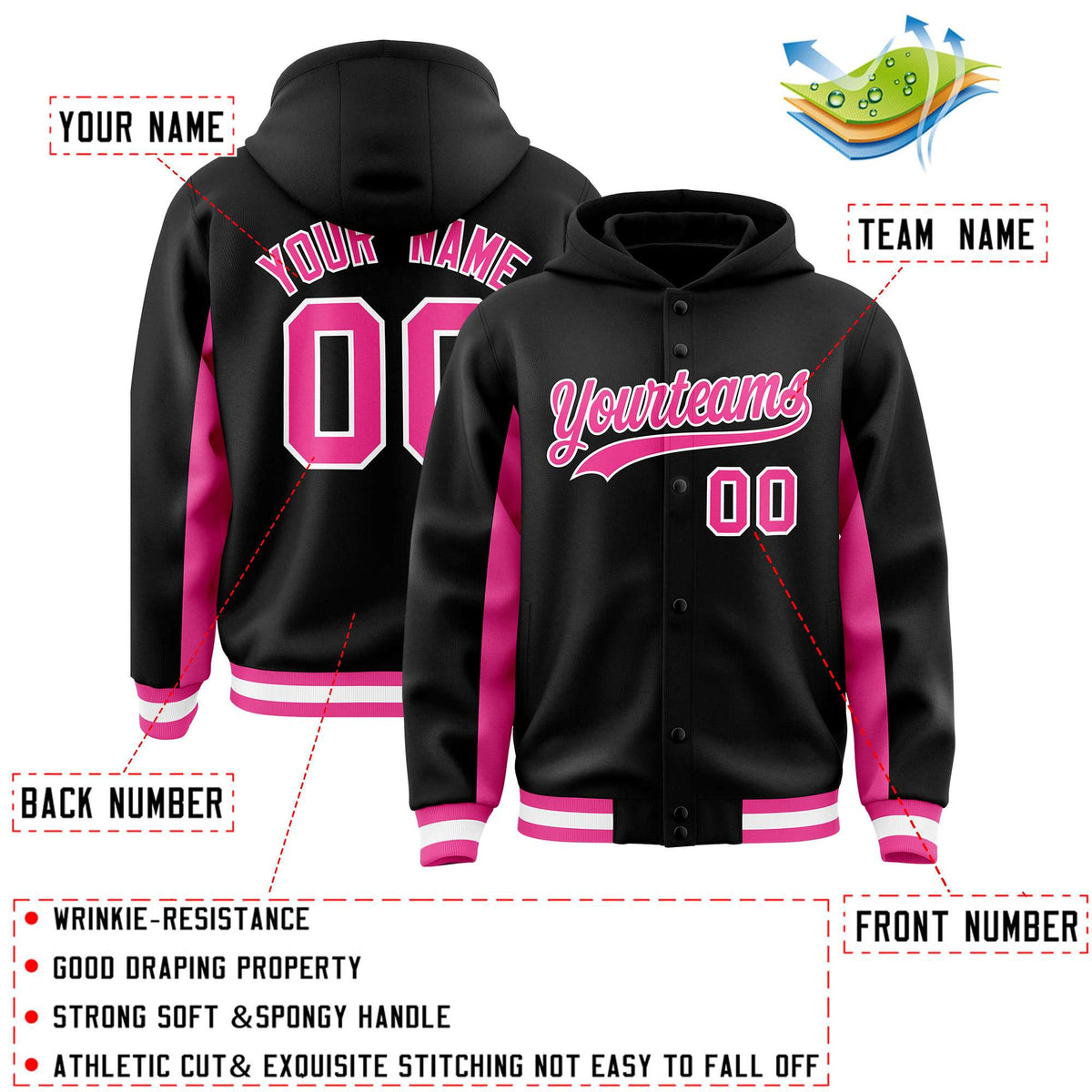Custom Black Pink Color Block Varsity Full-Snap Letterman Jacket Hoodie| KXKSHOP