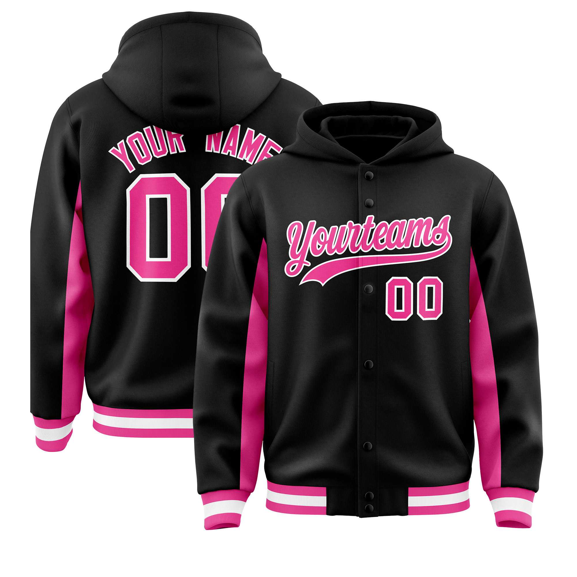 Custom Black Pink Color Block Varsity Full-Snap Letterman Jacket Hoodie| KXKSHOP