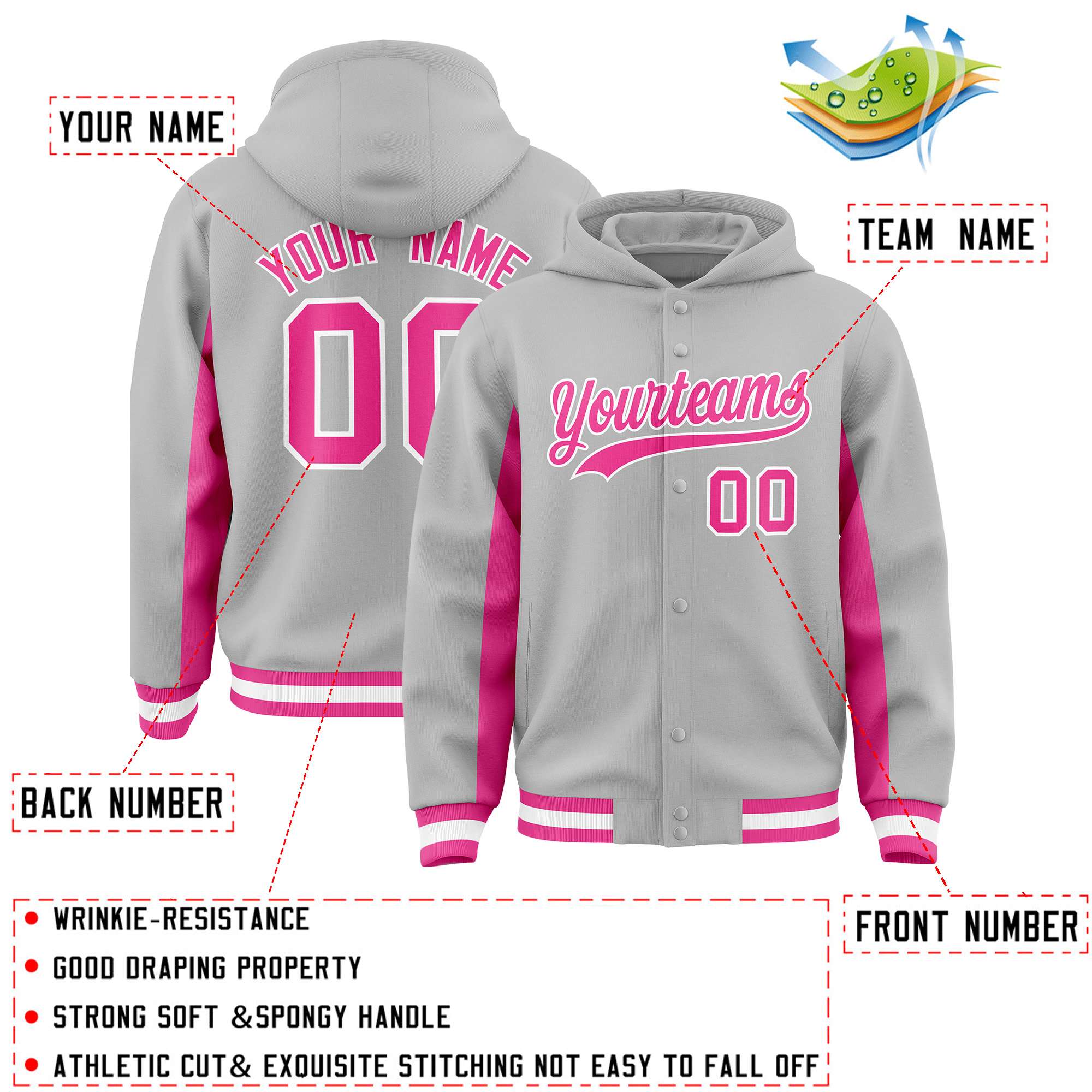 Custom Gray Pink Color Block Varsity Full-Snap Letterman Jacket Hoodie| KXKSHOP