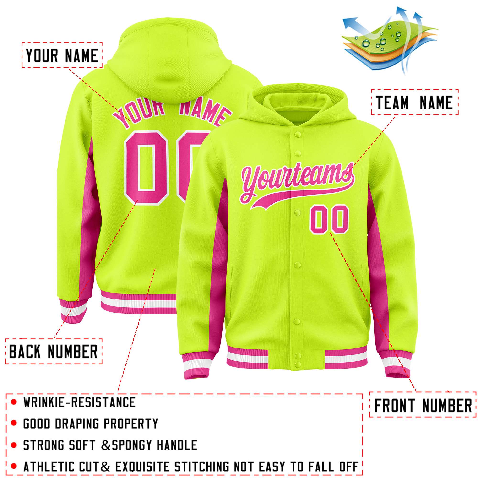 Custom Neon Green Pink Color Block Varsity Full-Snap Letterman Jacket Hoodie| KXKSHOP