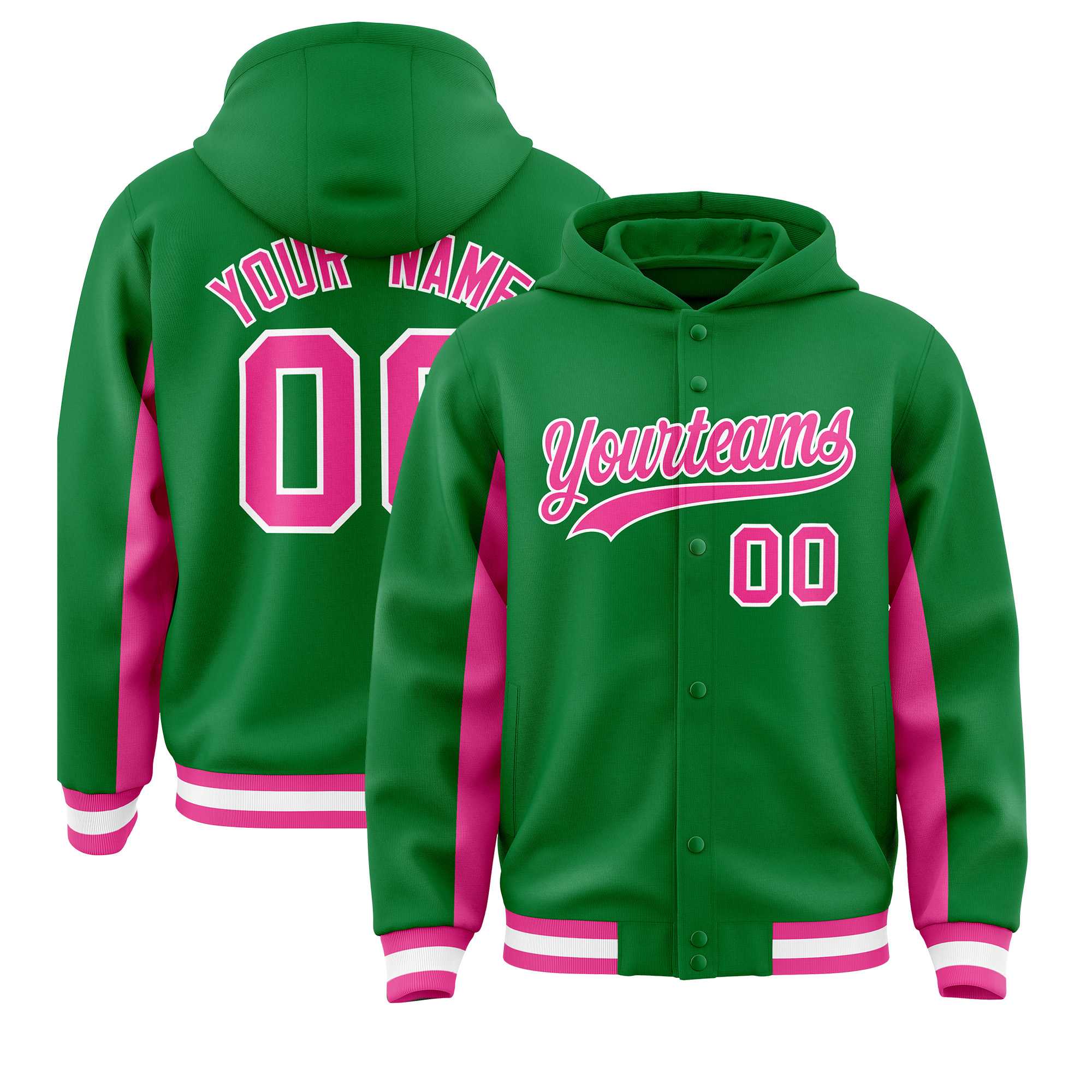 Custom Kelly Green Pink Color Block Varsity Full-Snap Letterman Jacket Hoodie| KXKSHOP