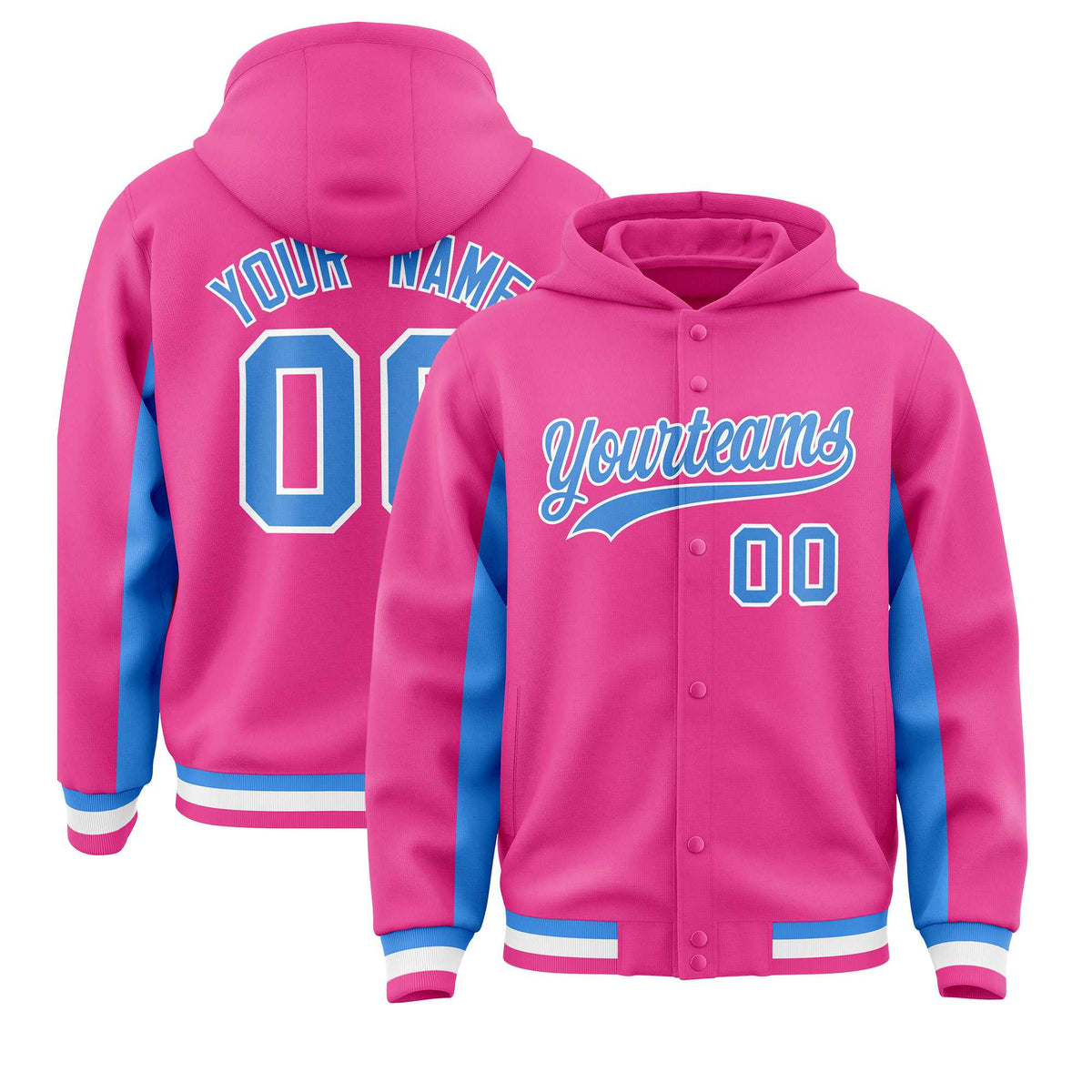 Custom Pink Powder Blue Color Block Varsity Full-Snap Letterman Jacket Hoodie| KXKSHOP