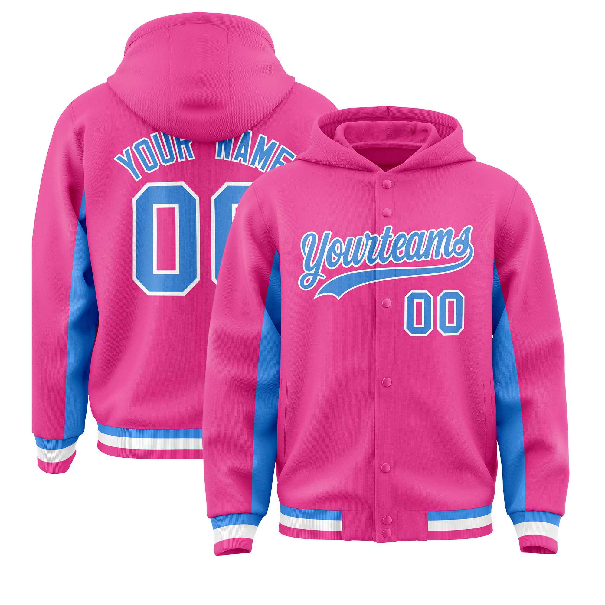 Custom Pink Powder Blue Color Block Varsity Full-Snap Letterman Jacket Hoodie| KXKSHOP