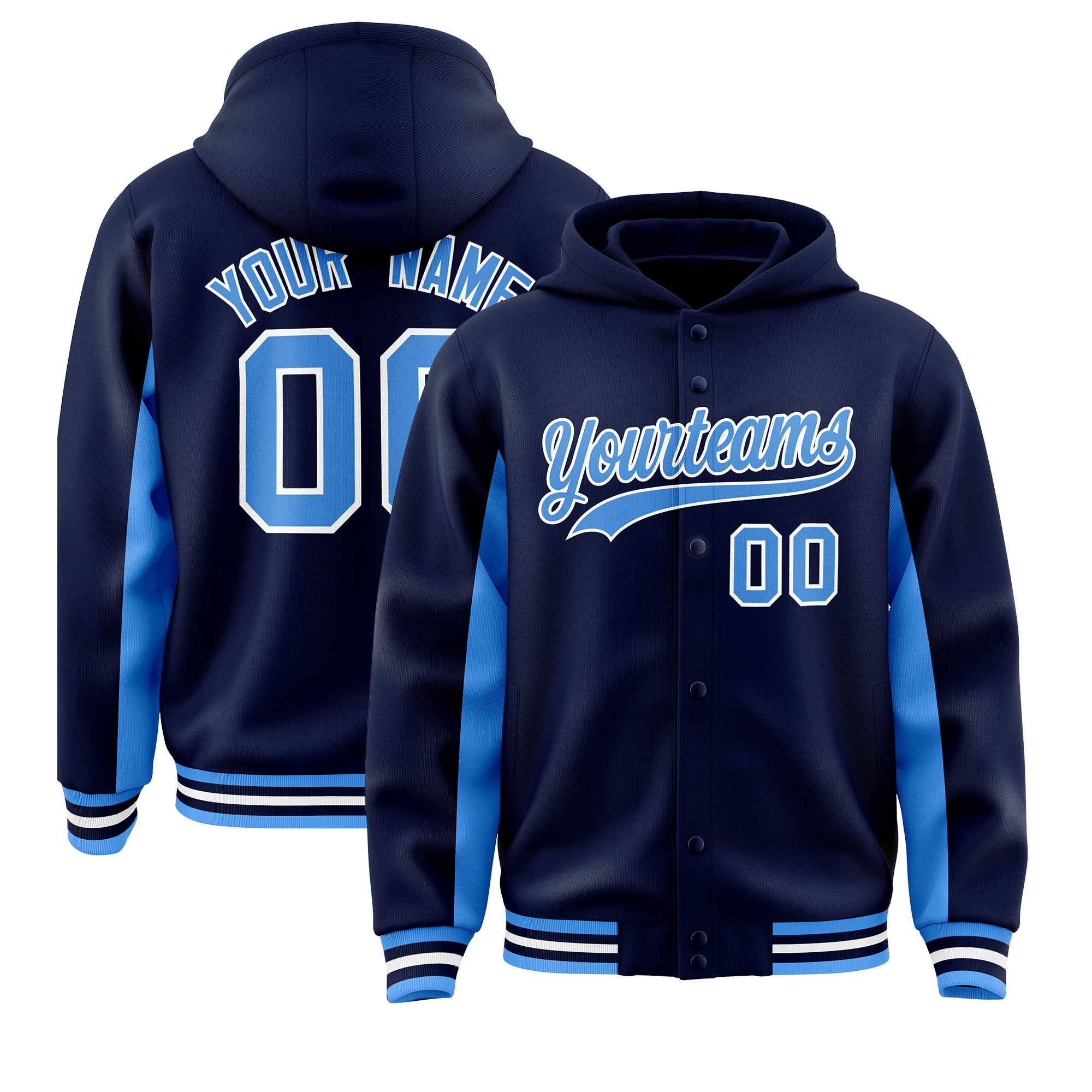Custom Navy Powder Blue Color Block Varsity Full-Snap Letterman Jacket Hoodie| KXKSHOP