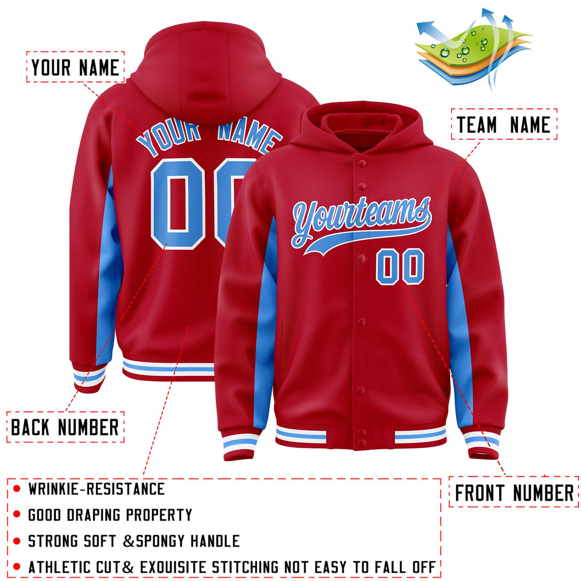 Custom Red Powder Blue Color Block Varsity Full-Snap Letterman Jacket Hoodie| KXKSHOP