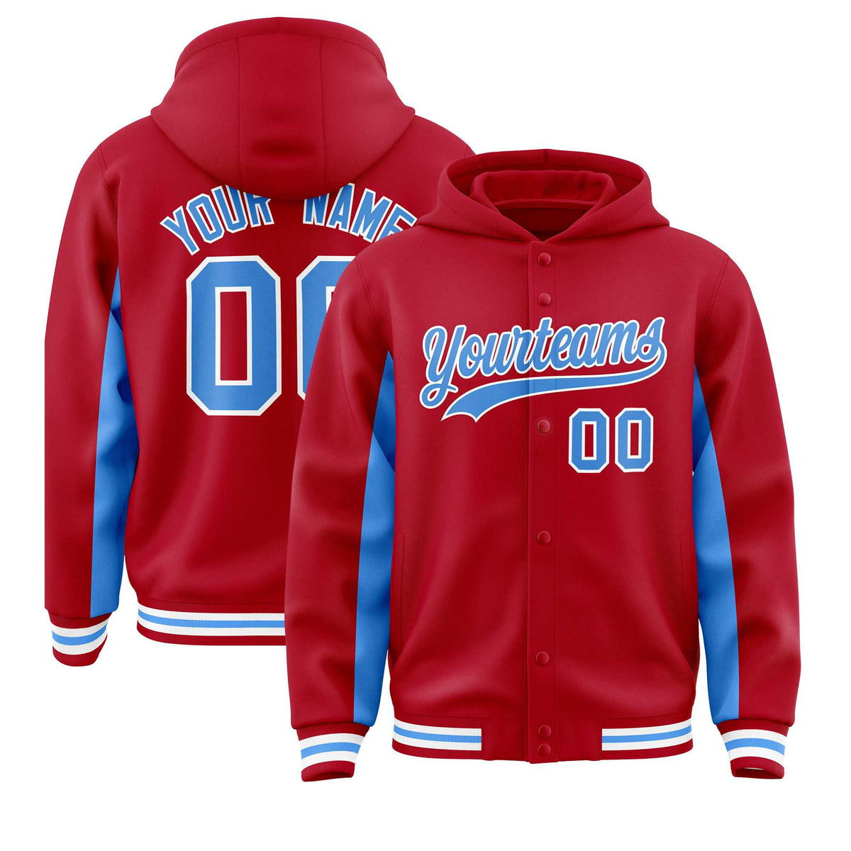 Custom Red Powder Blue Color Block Varsity Full-Snap Letterman Jacket Hoodie| KXKSHOP