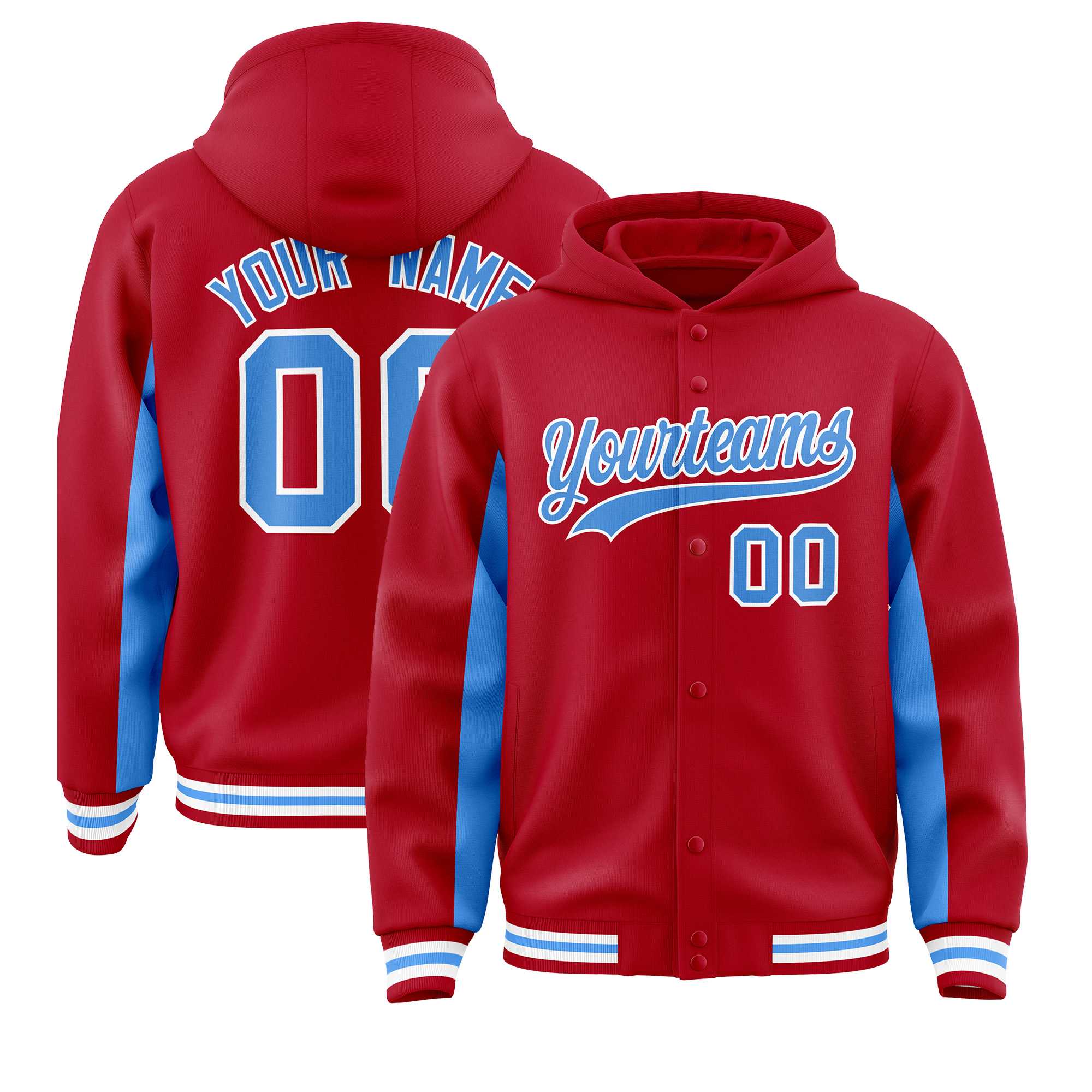 Custom Red Powder Blue Color Block Varsity Full-Snap Letterman Jacket Hoodie| KXKSHOP