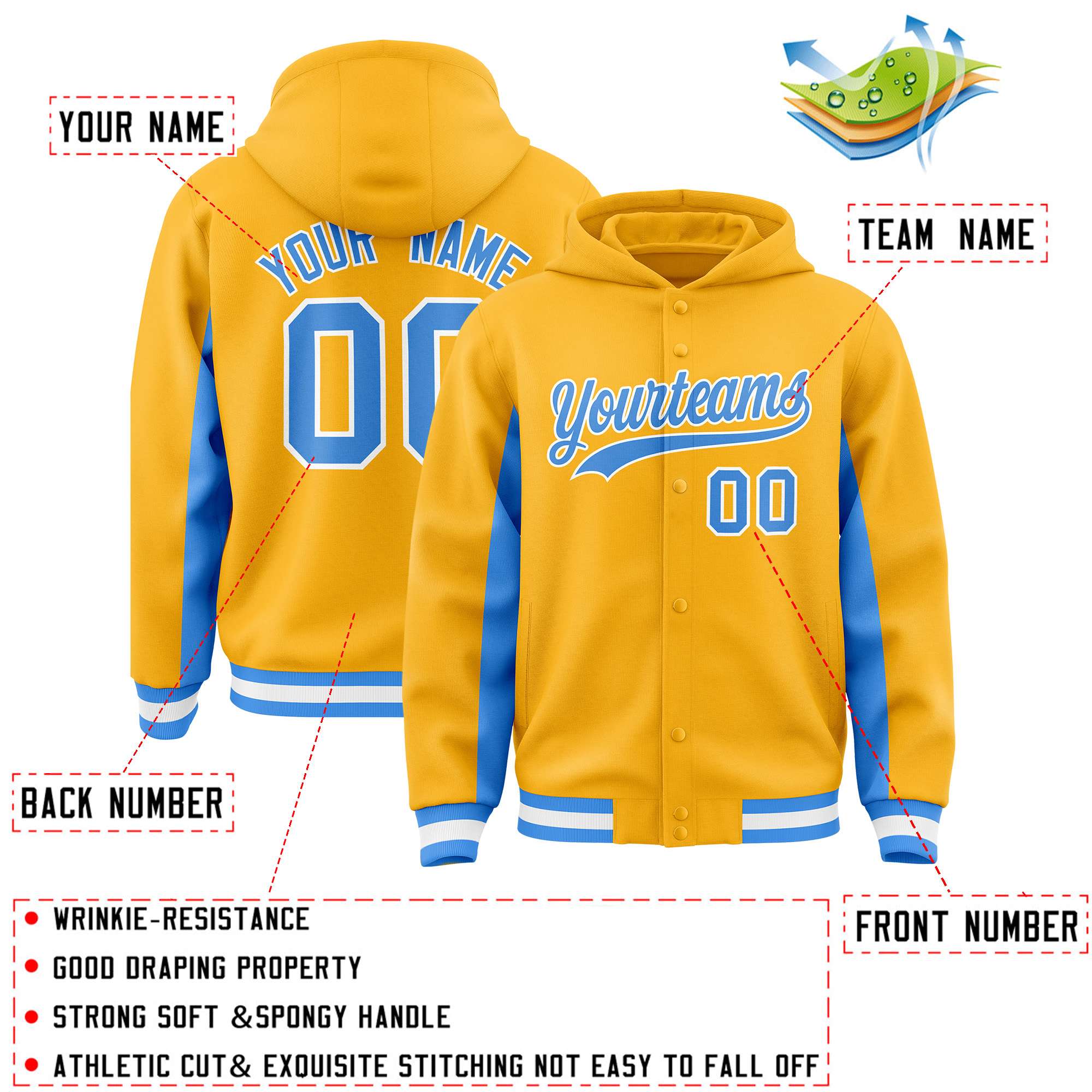 Custom Gold Powder Blue Color Block Varsity Full-Snap Letterman Jacket Hoodie| KXKSHOP