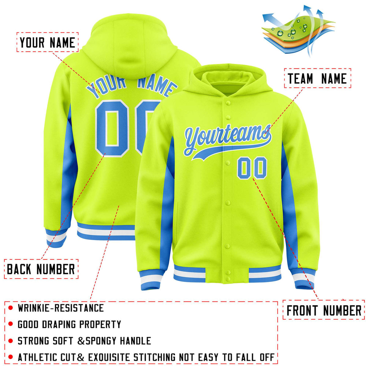 Custom Neon Green Powder Blue Color Block Varsity Full-Snap Letterman Jacket Hoodie| KXKSHOP
