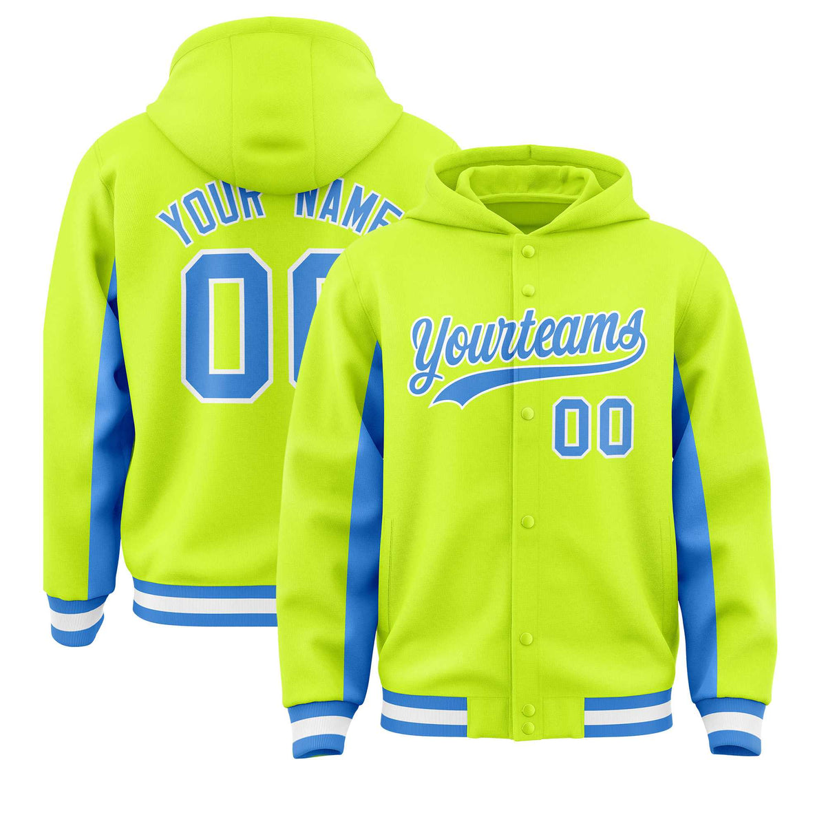Custom Neon Green Powder Blue Color Block Varsity Full-Snap Letterman Jacket Hoodie| KXKSHOP
