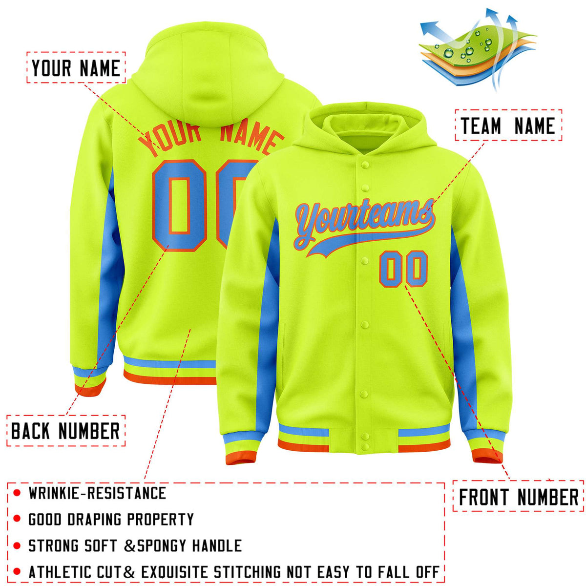 Custom Neon Green Powder Blue Color Block Varsity Full-Snap Letterman Jacket Hoodie| KXKSHOP