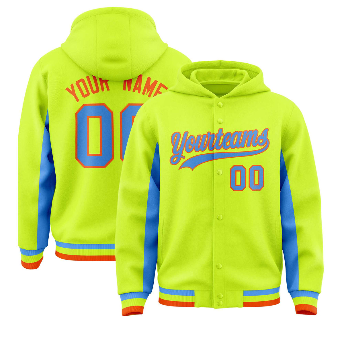 Custom Neon Green Powder Blue Color Block Varsity Full-Snap Letterman Jacket Hoodie| KXKSHOP