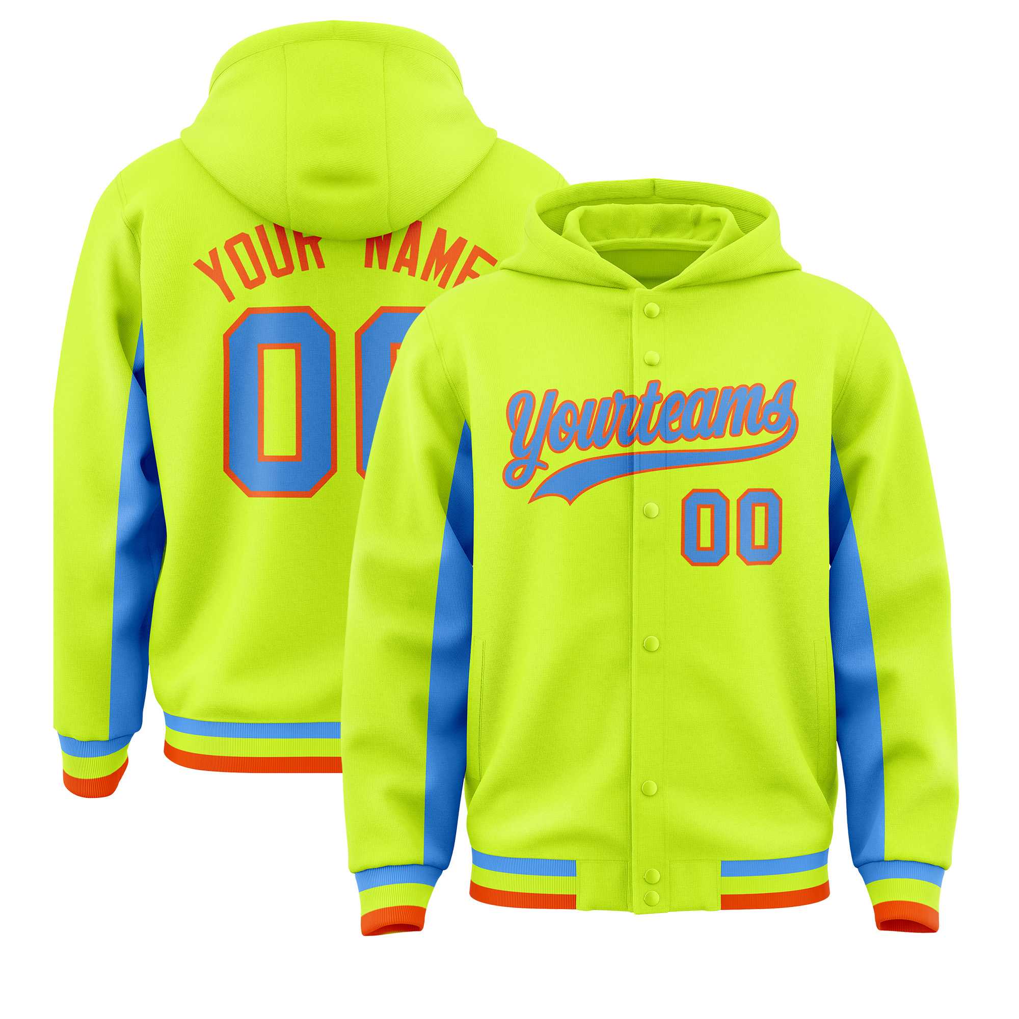 Custom Neon Green Powder Blue Color Block Varsity Full-Snap Letterman Jacket Hoodie| KXKSHOP