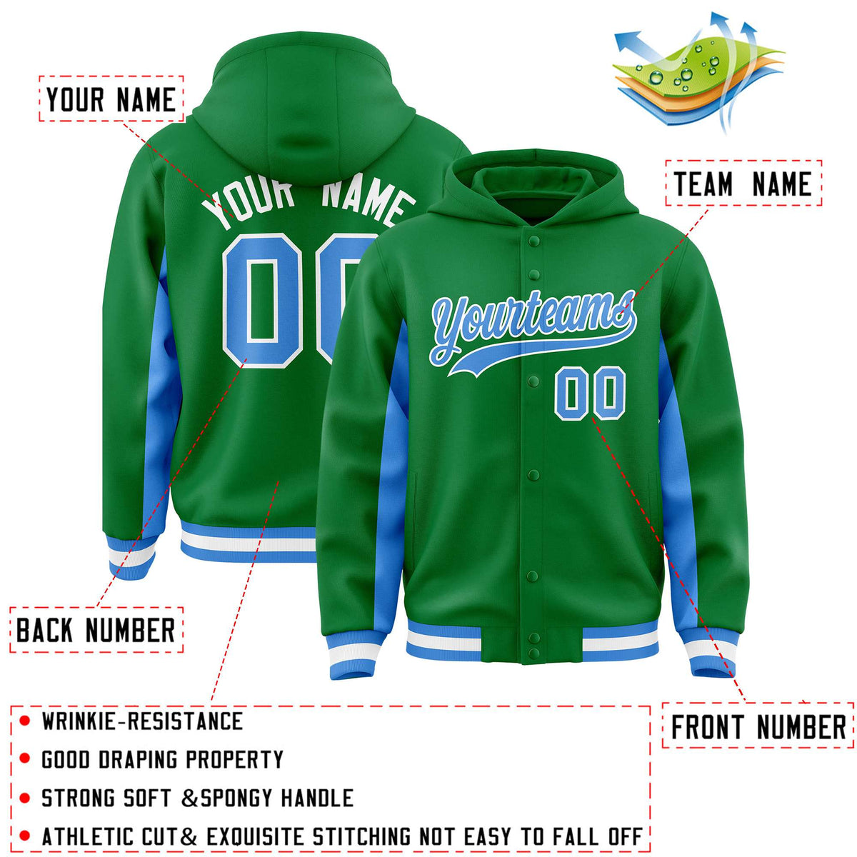 Custom Kelly Green Powder Blue Color Block Varsity Full-Snap Letterman Jacket Hoodie| KXKSHOP