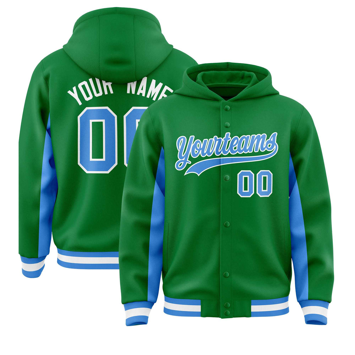 Custom Kelly Green Powder Blue Color Block Varsity Full-Snap Letterman Jacket Hoodie| KXKSHOP