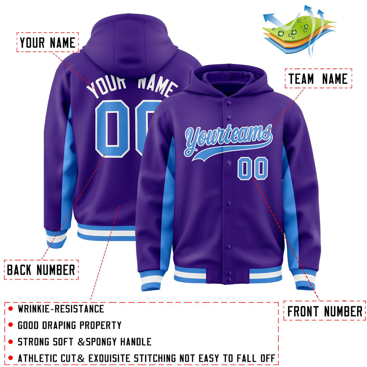 Custom Purple Powder Blue Color Block Varsity Full-Snap Letterman Jacket Hoodie| KXKSHOP