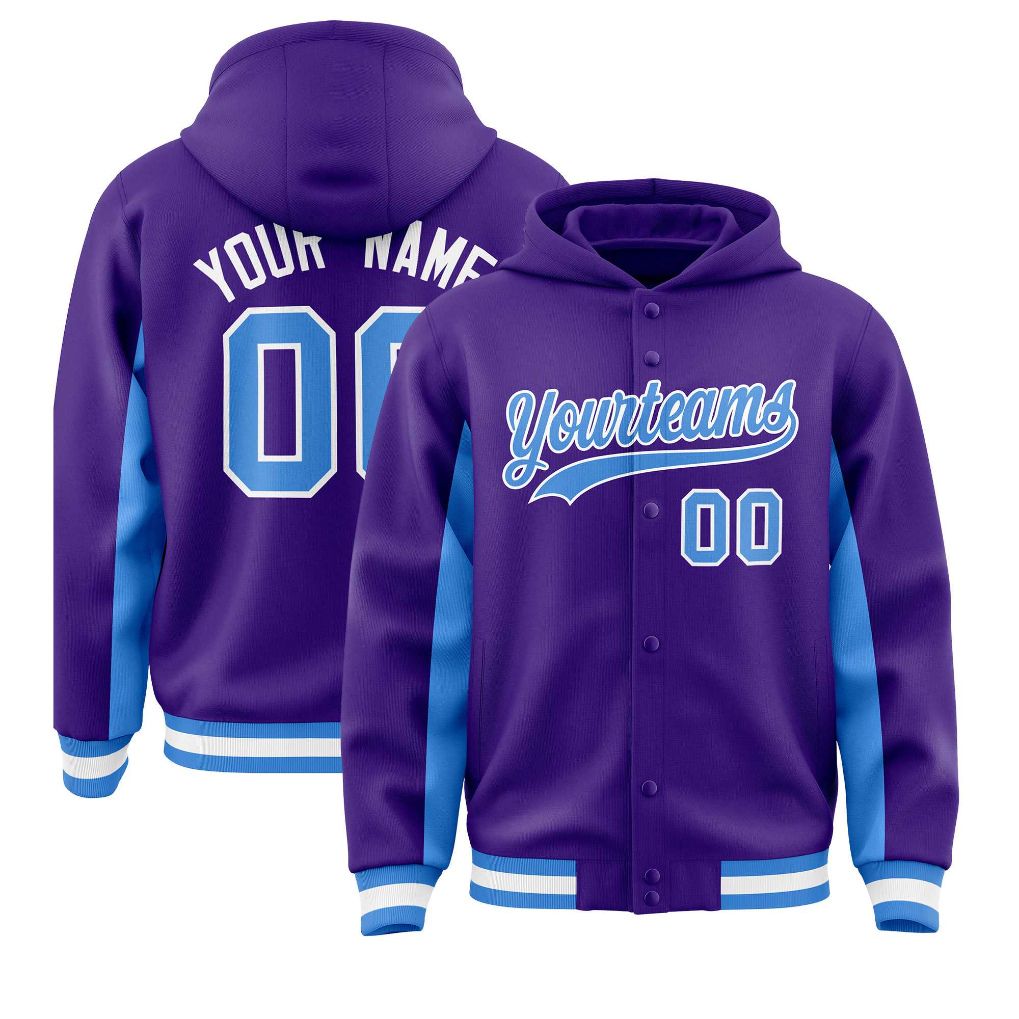 Custom Purple Powder Blue Color Block Varsity Full-Snap Letterman Jacket Hoodie| KXKSHOP