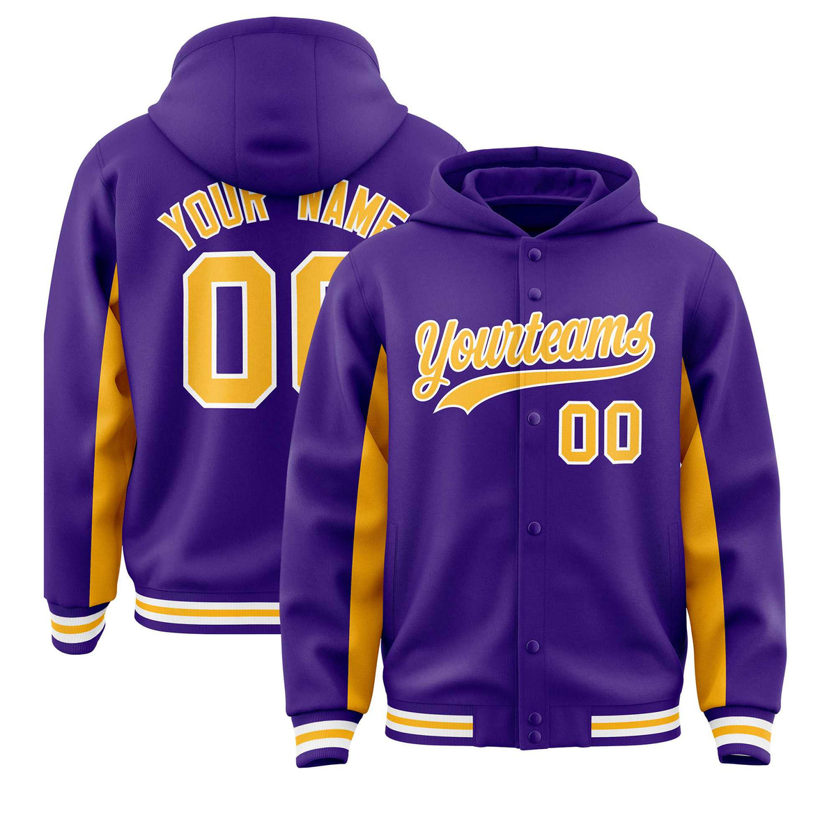 Custom Purple Gold Color Block Varsity Full-Snap Letterman Jacket Hoodie| KXKSHOP