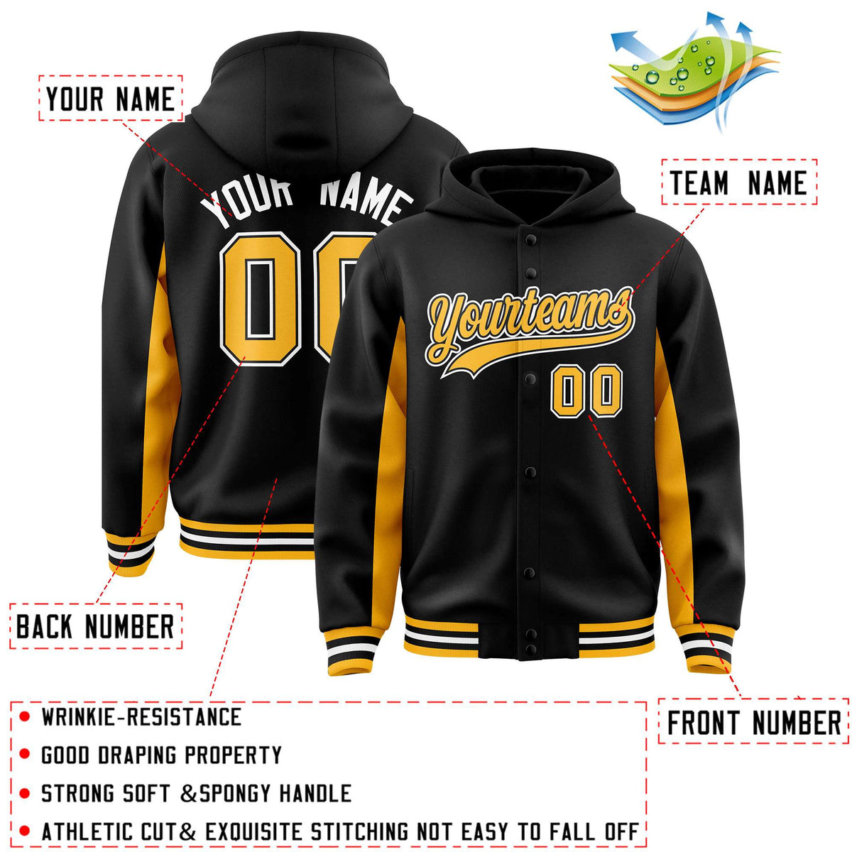 Custom Black Gold Color Block Varsity Full-Snap Letterman Jacket Hoodie| KXKSHOP