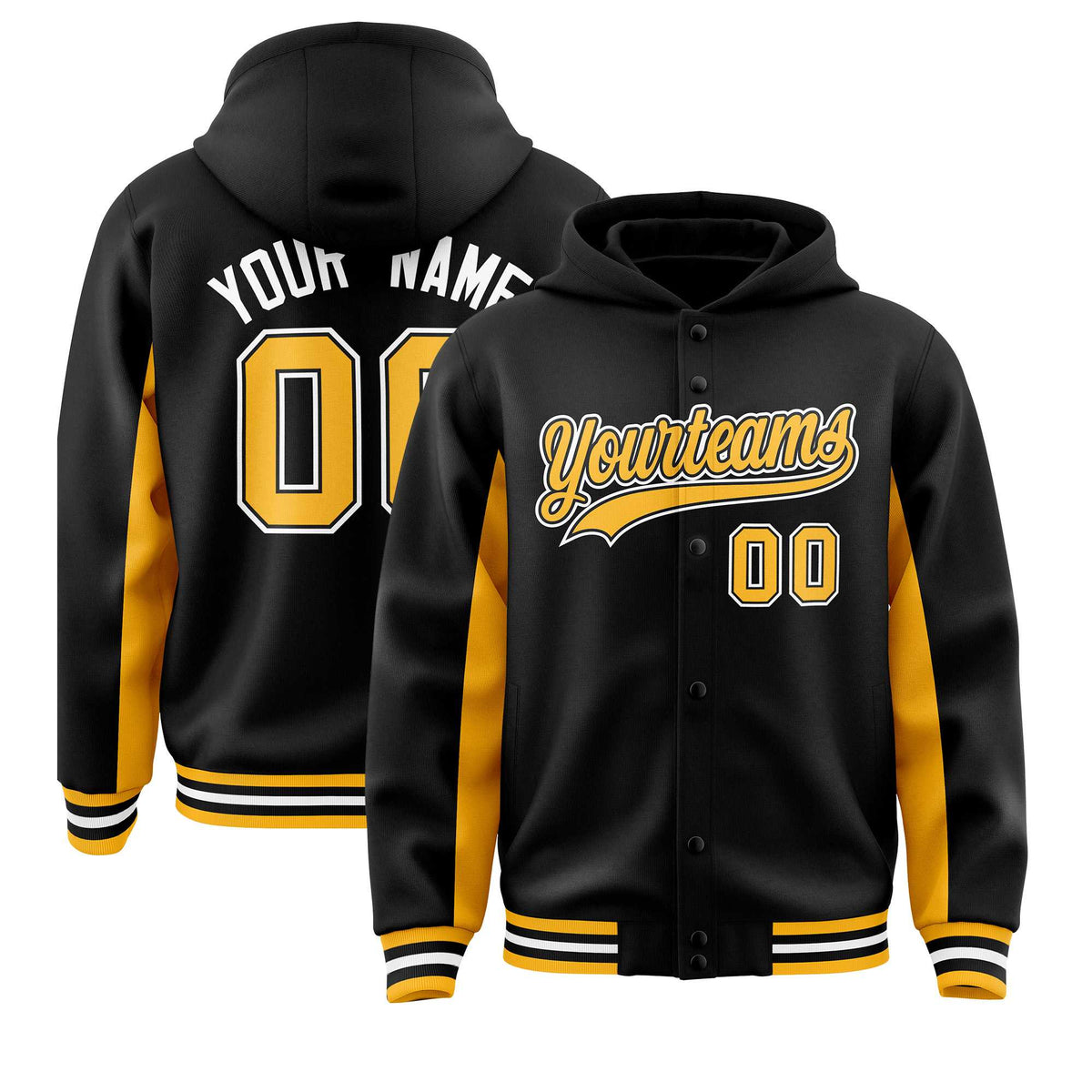 Custom Black Gold Color Block Varsity Full-Snap Letterman Jacket Hoodie| KXKSHOP