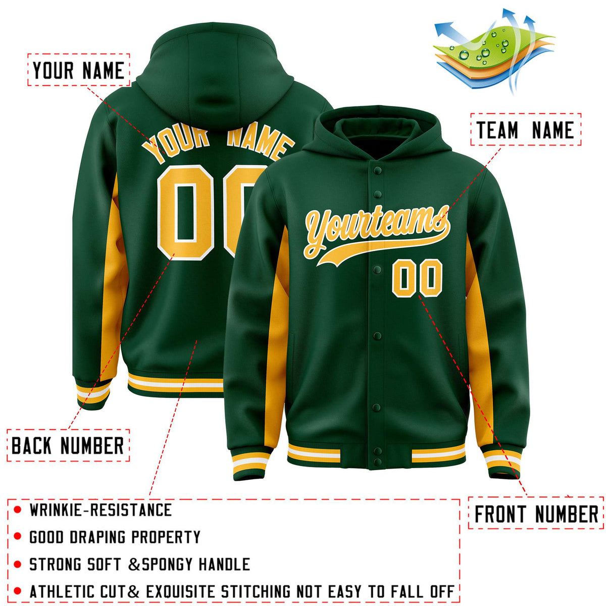Custom Green Gold Color Block Varsity Full-Snap Letterman Jacket Hoodie| KXKSHOP